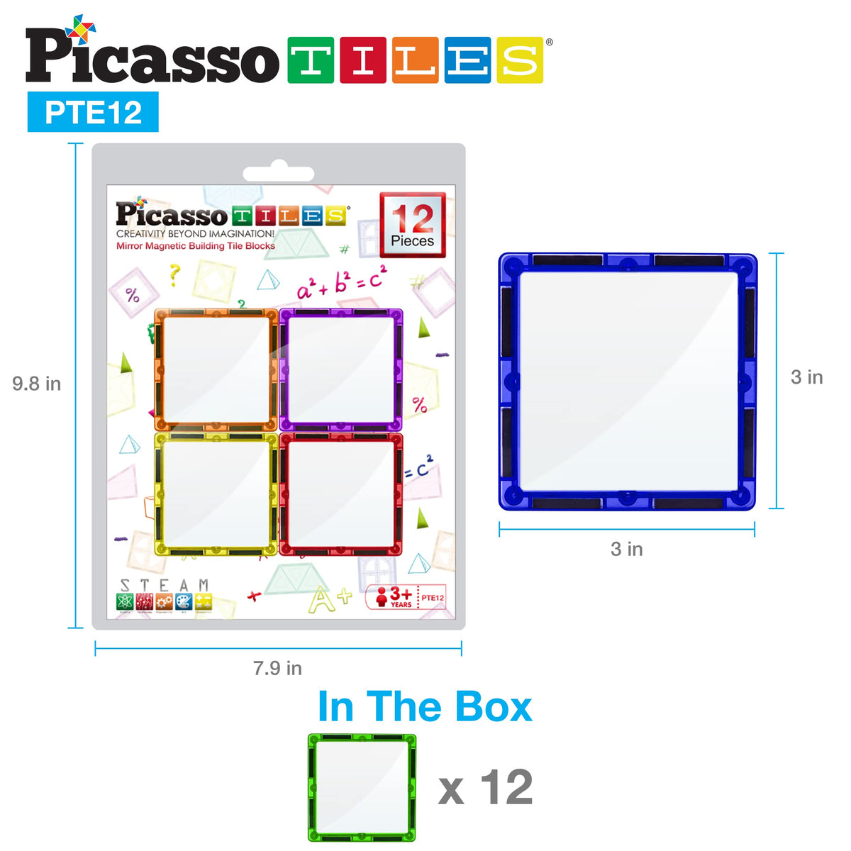 PicassoTiles Mirror Magnetic Building Tiles - 12-Piece Expansion Set for 3+ | Educational Magnetic Tiles