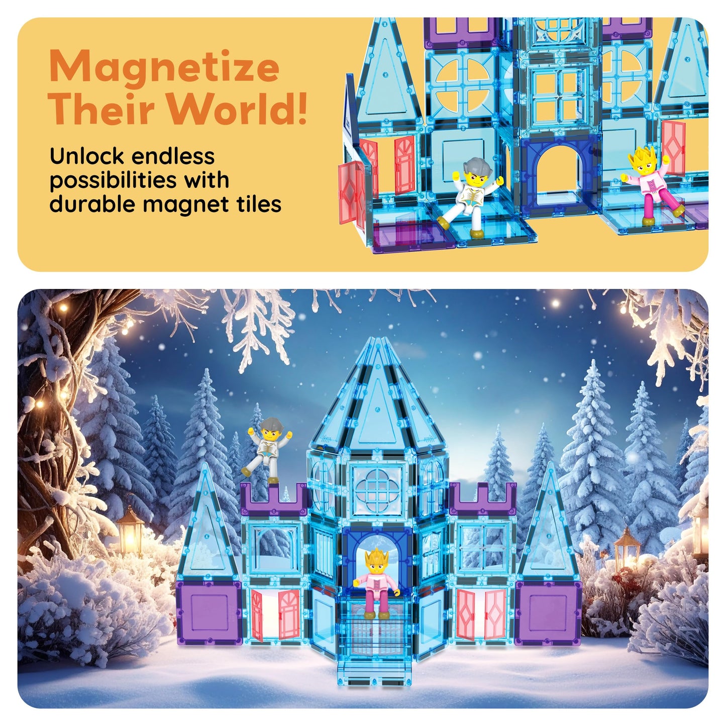 PicassoTiles 72-Piece Magnetic Building Tiles: Castle Winter Ice Theme