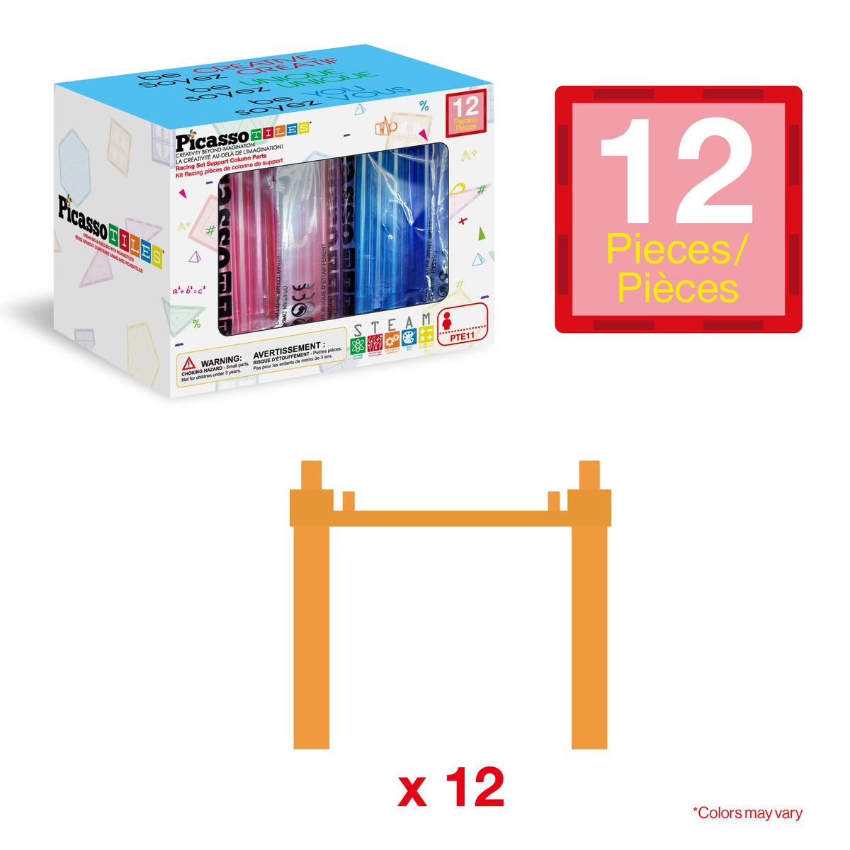 PicassoTiles 12 Piece Support Column Expansion for Magnetic Race Car Track | STEM Toy