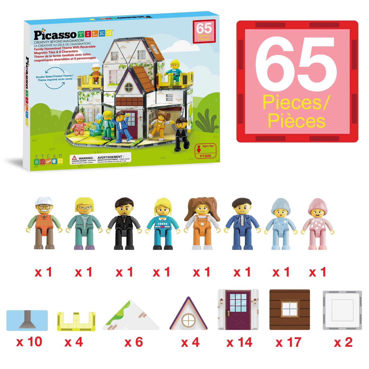 PicassoTiles Magnet Tile Family Homestead Doll House Playset with 8 Character Figures, Double-Sided Tiles, STEM Learning Kit PTQ06