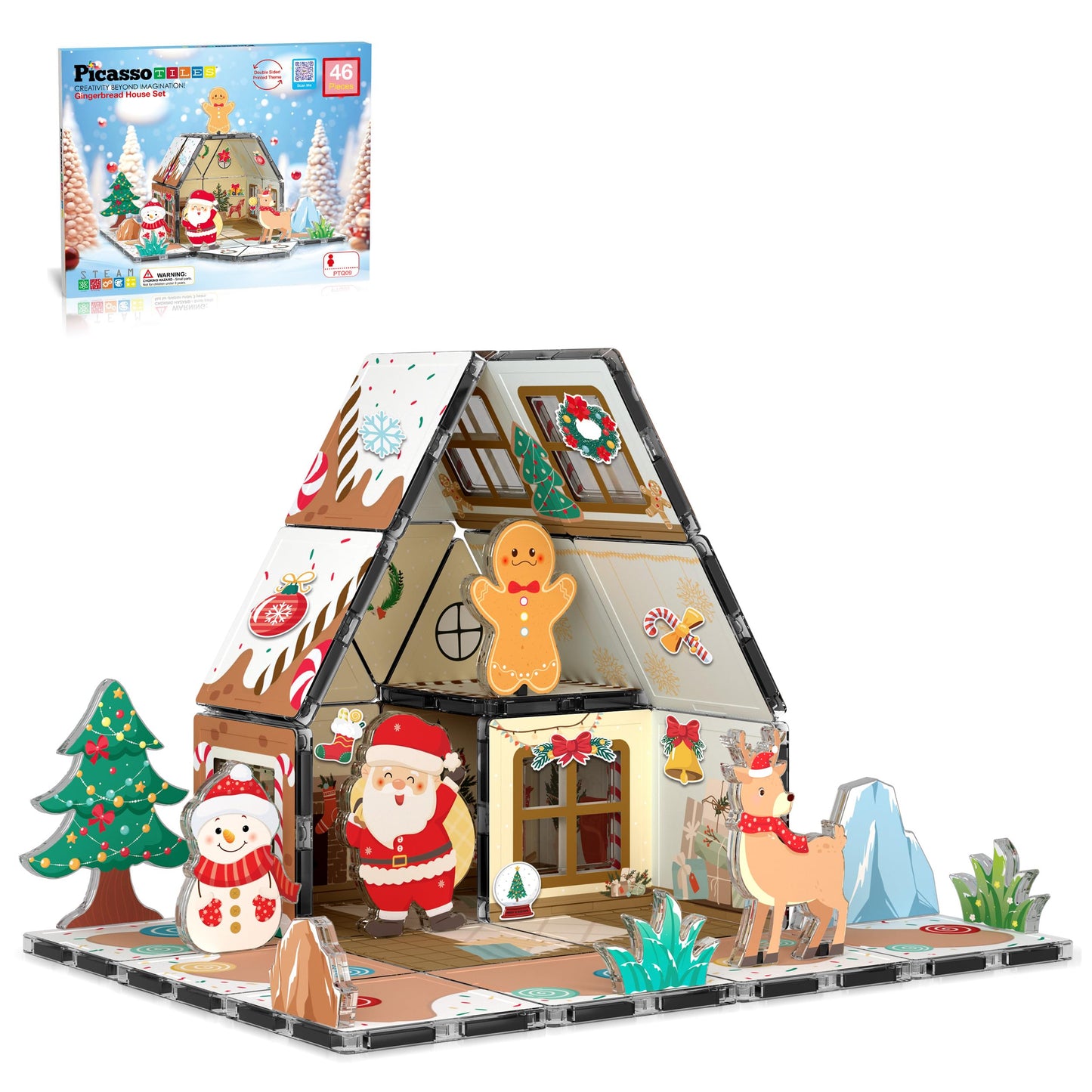 PicassoTiles Gingerbread House Holiday Magnetic Tiles – Santa, Snowman, Deer | STEM Toys for Kids 3+