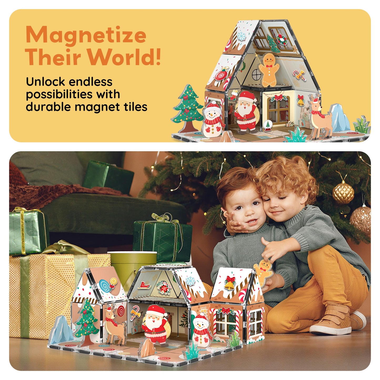 PicassoTiles Gingerbread House Holiday Magnetic Tiles – Santa, Snowman, Deer | STEM Toys for Kids 3+