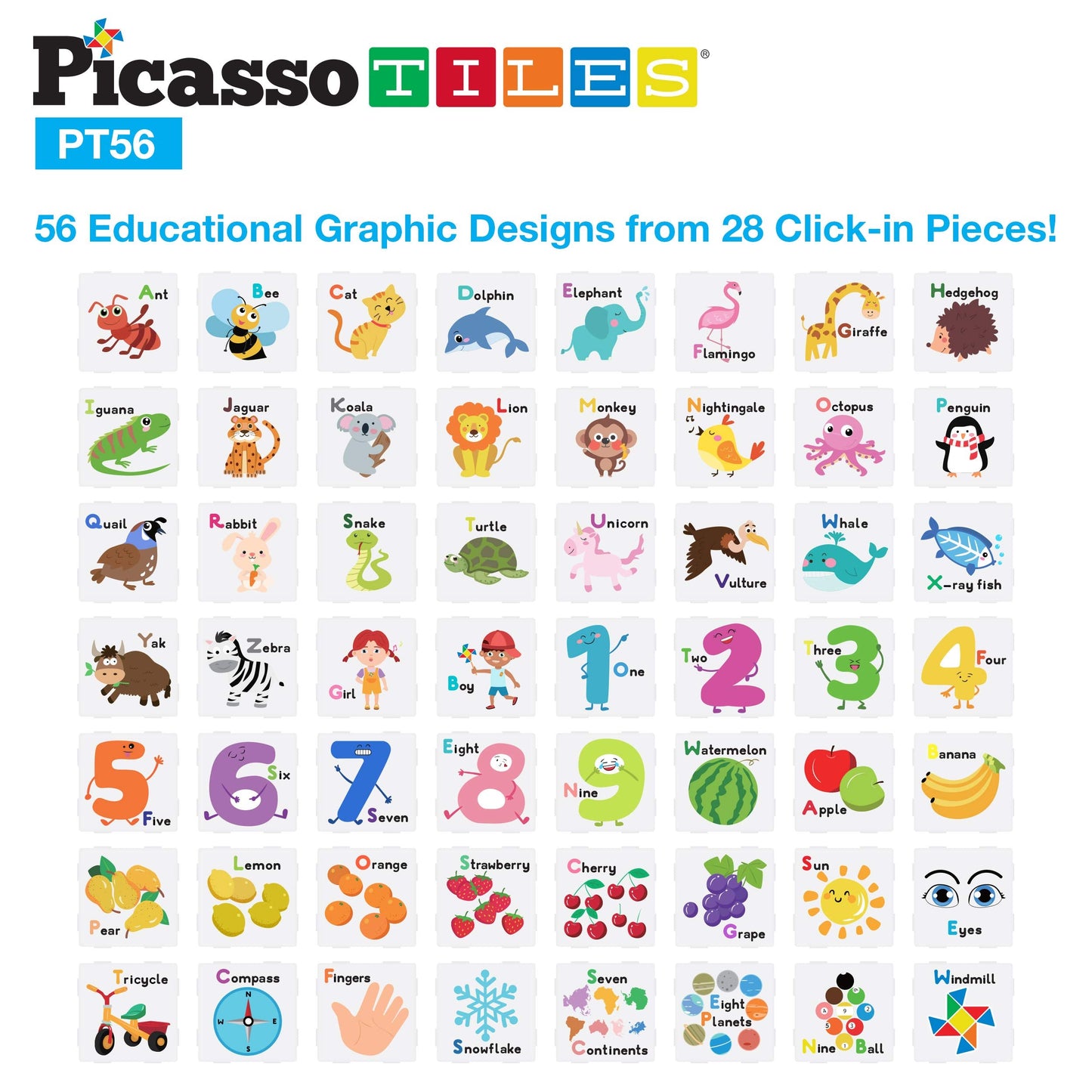 PicassoTiles 56-Piece Magnetic Building Blocks with Graphic Inserts | STEM Learning Kit