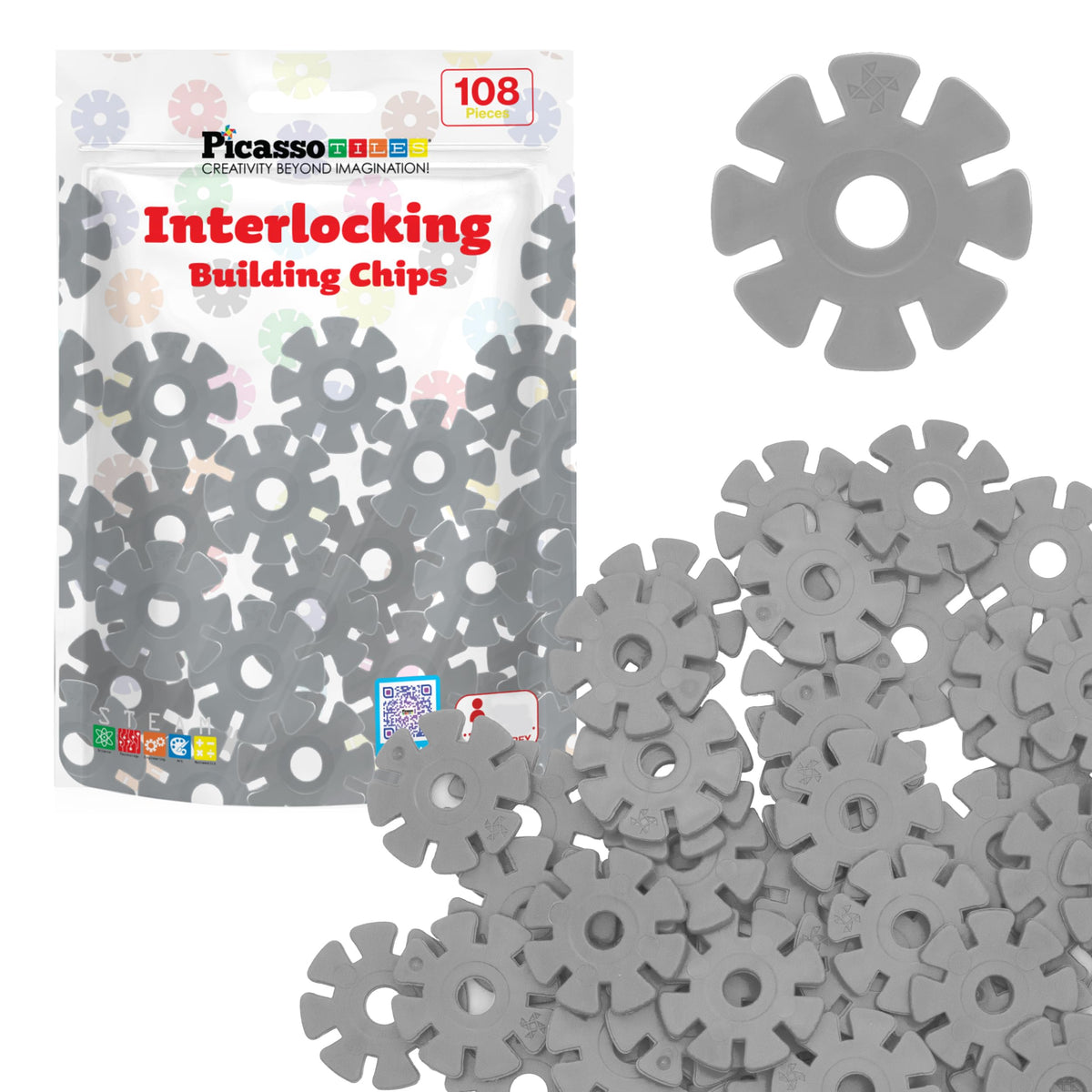 PicassoTiles Gray Building Chip Interlocking Disc Set | STEM Toy for 3+ Kids