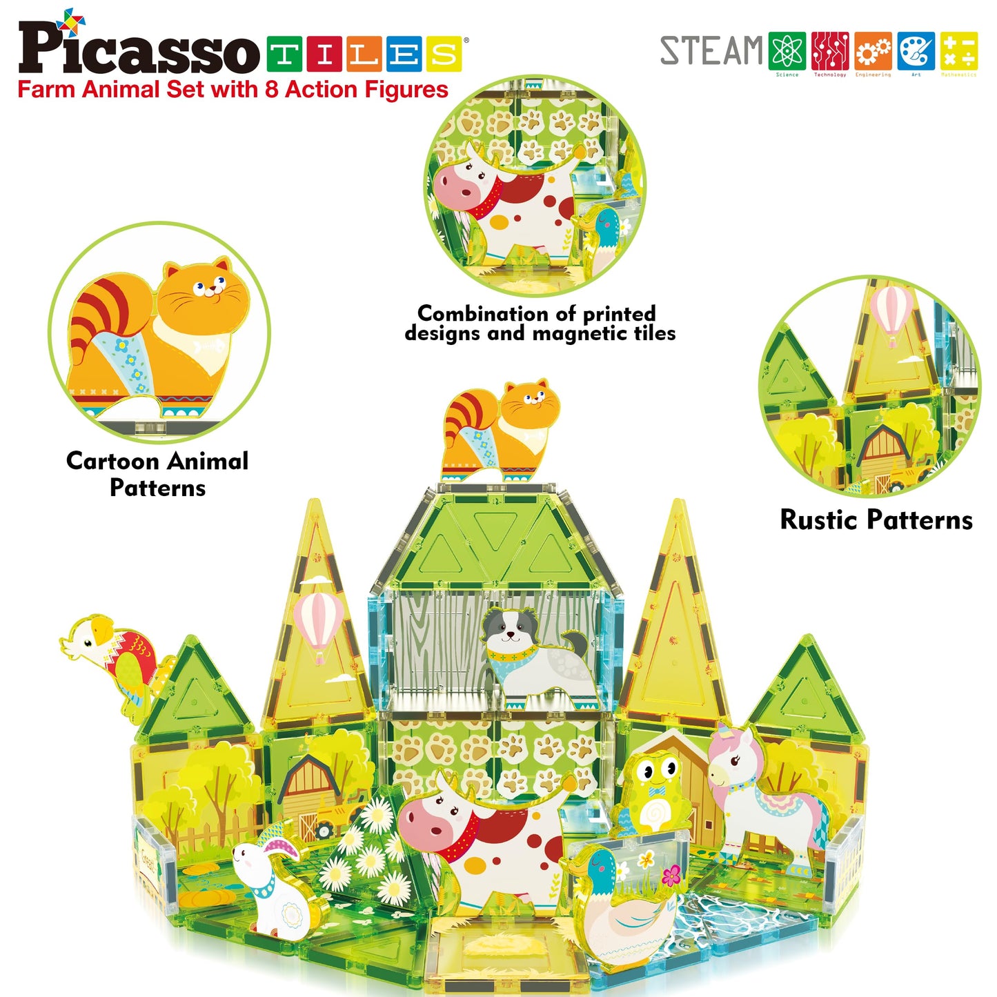PicassoTiles Magnetic Farm Animal Playset – 52-Piece STEM Construction Toy for Kids 3+