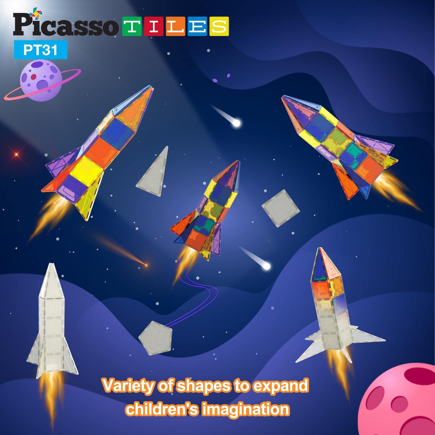 PicassoTiles UV Activated Color Changing Rocket Set – Magnetic STEM Building Blocks for Kids 3+