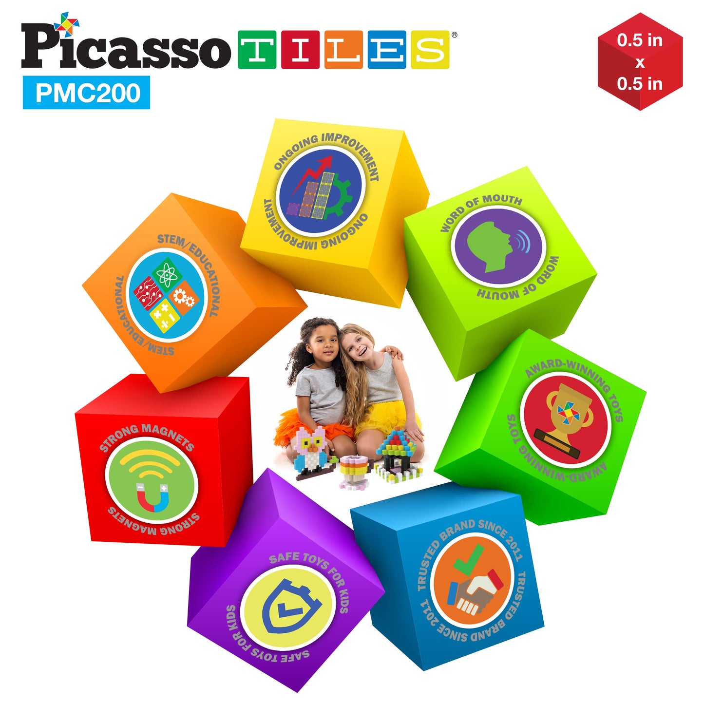 PicassoTiles 0.5-inch Pixel Magnetic Puzzle Cubes – 200-Piece STEM Building Toy