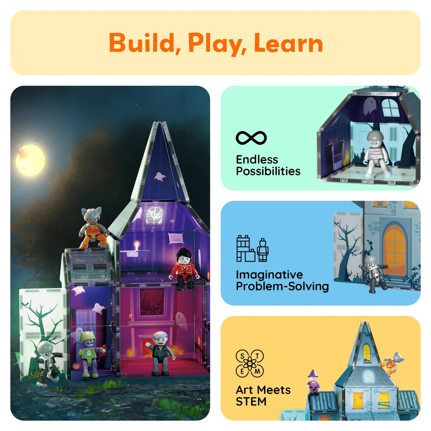 PicassoTiles Haunted House Magnet Tile Set – 8 Figures, STEM Education, Halloween Theme