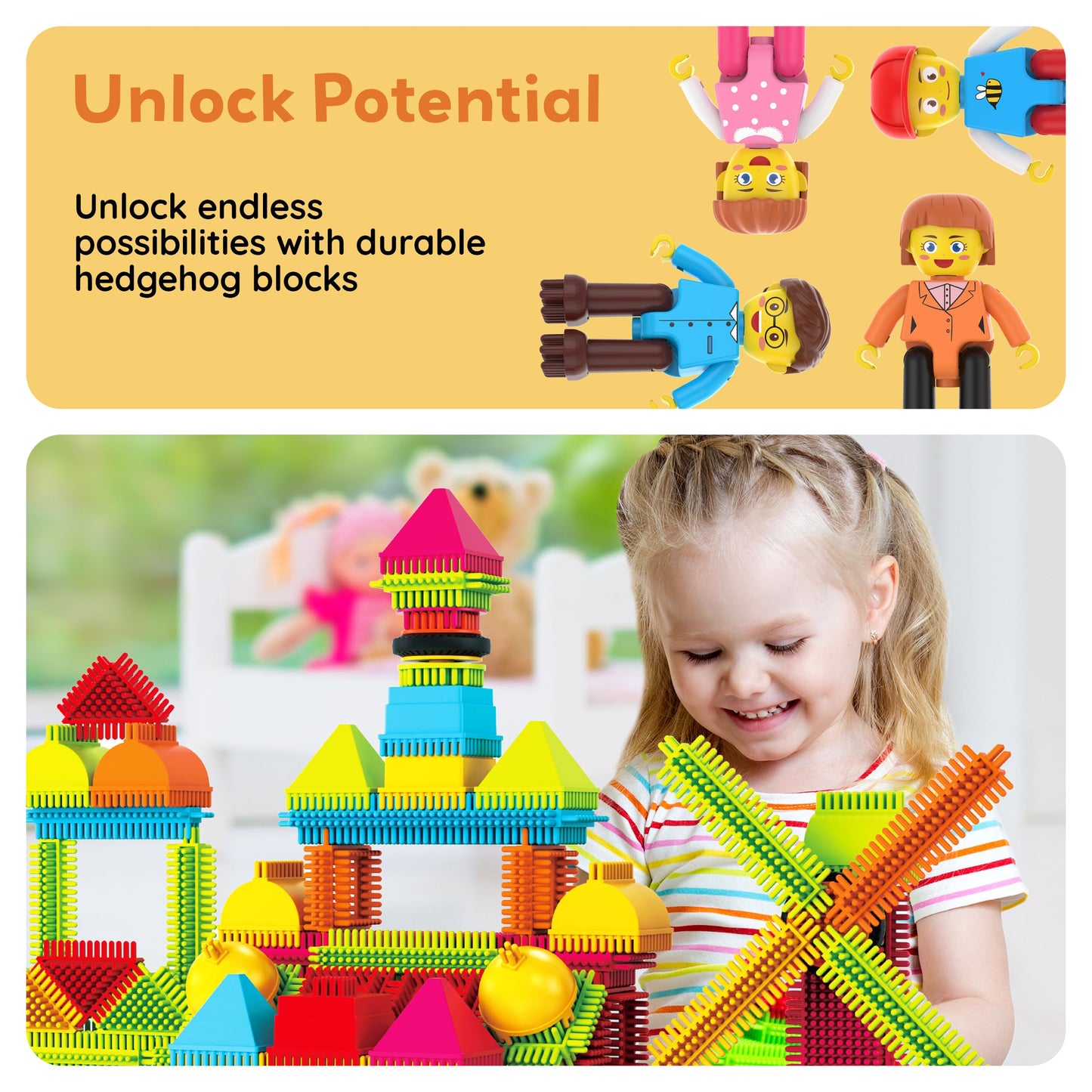 PicassoTiles Hedgehog Lock Blocks – 4 Family Figures Expansion Pack for STEM Play