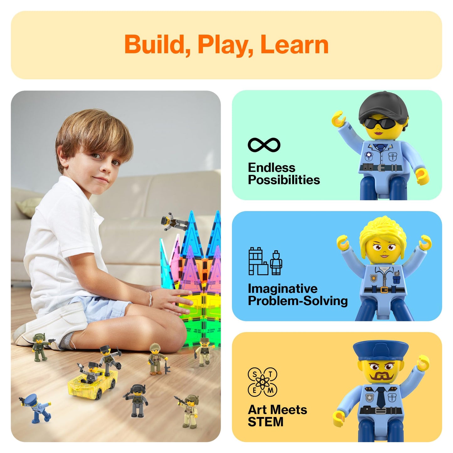 PicassoTiles Magnetic Action Figures – Law Enforcement Set PTA12 | STEM Building Tiles