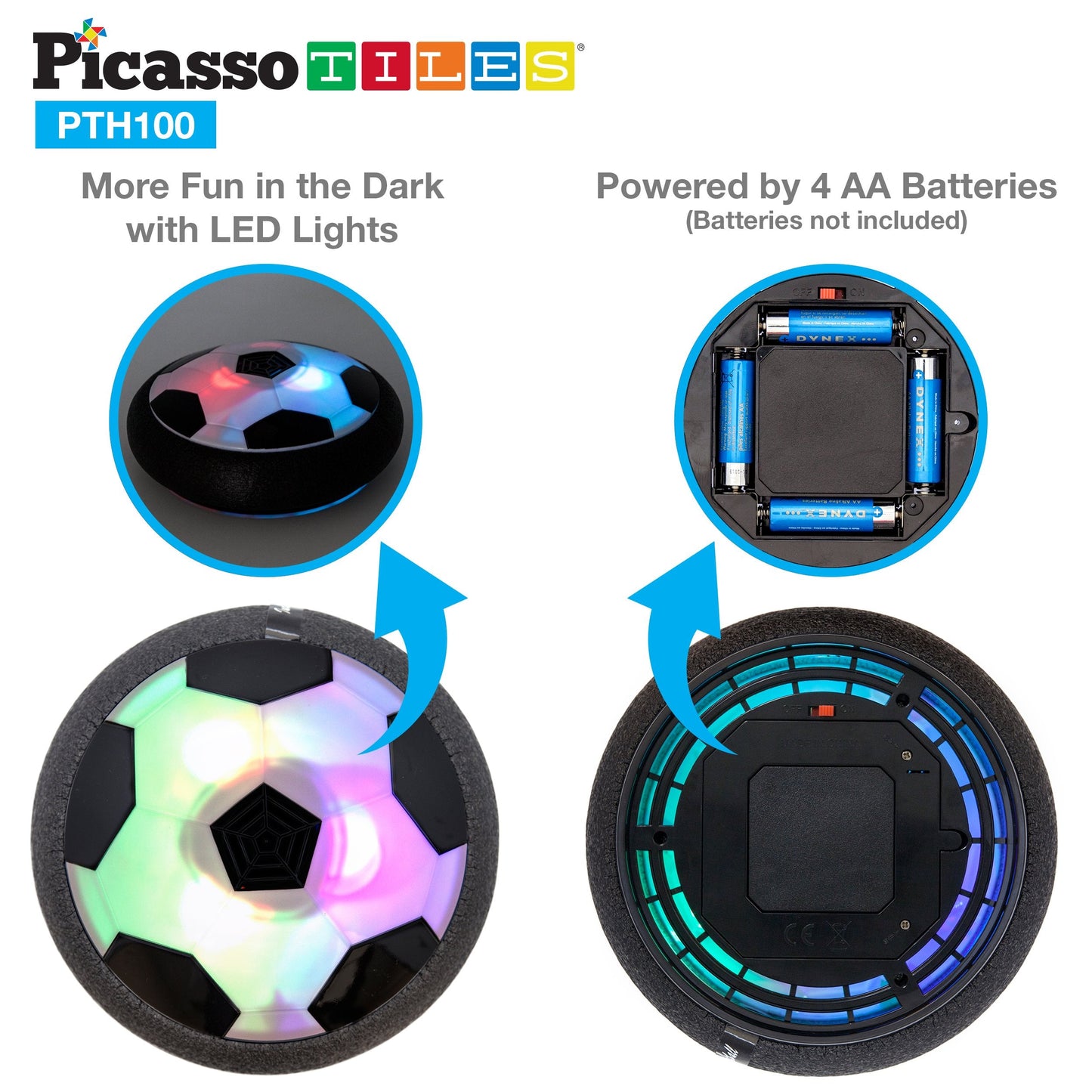 PicassoTiles Hoverball: LED Glow Indoor Air Hockey Soccer Disc for Kids 3+ | PTH100