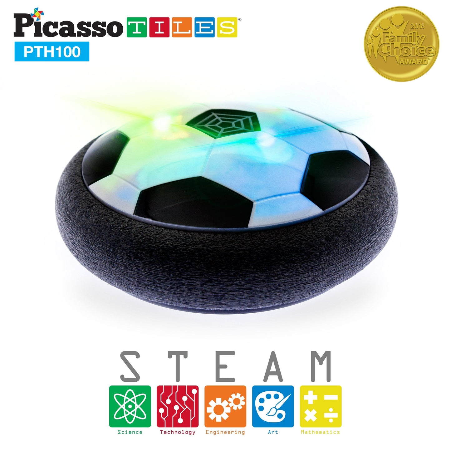 PicassoTiles Hoverball: LED Glow Indoor Air Hockey Soccer Disc for Kids 3+ | PTH100