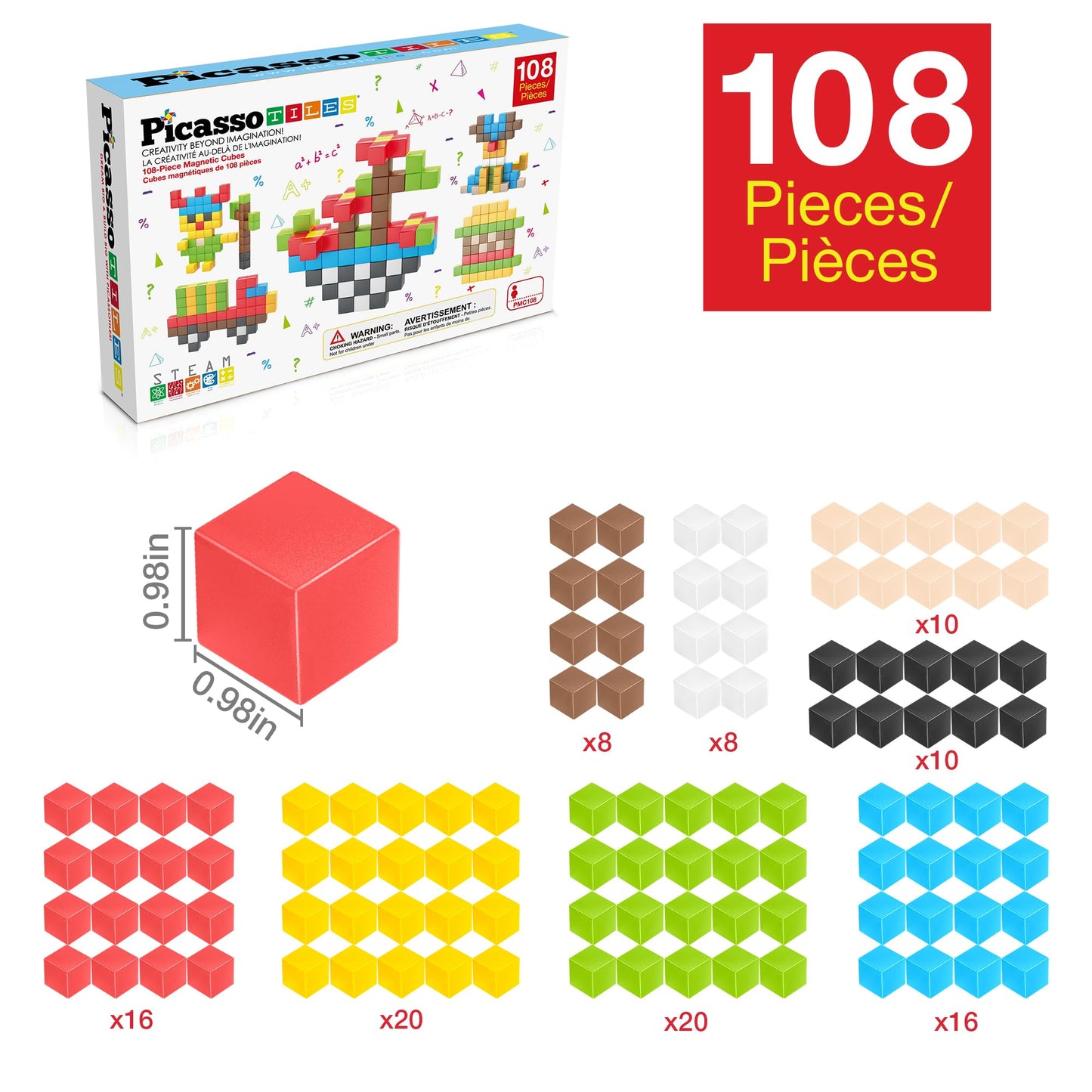 PicassoTiles 108pcs Magnetic Puzzle Cubes – STEM Building Toy for Kids 3+