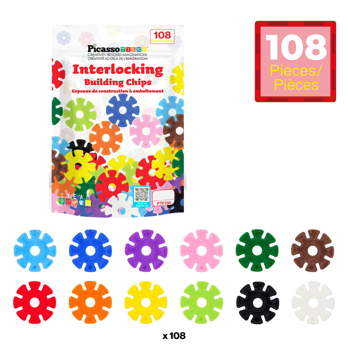 PicassoTiles Building Chips: 108 Interlocking Disc Blocks in 12 Colors
