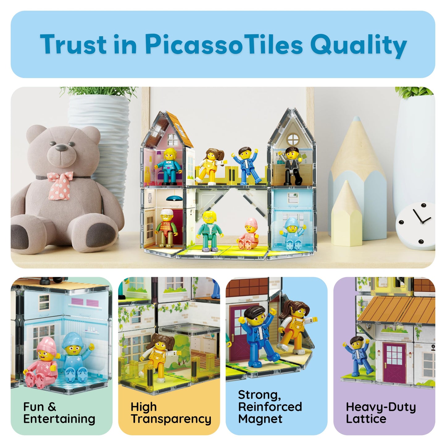 PicassoTiles Magnet Tile Family Homestead Doll House Playset with 8 Character Figures, Double-Sided Tiles, STEM Learning Kit PTQ06