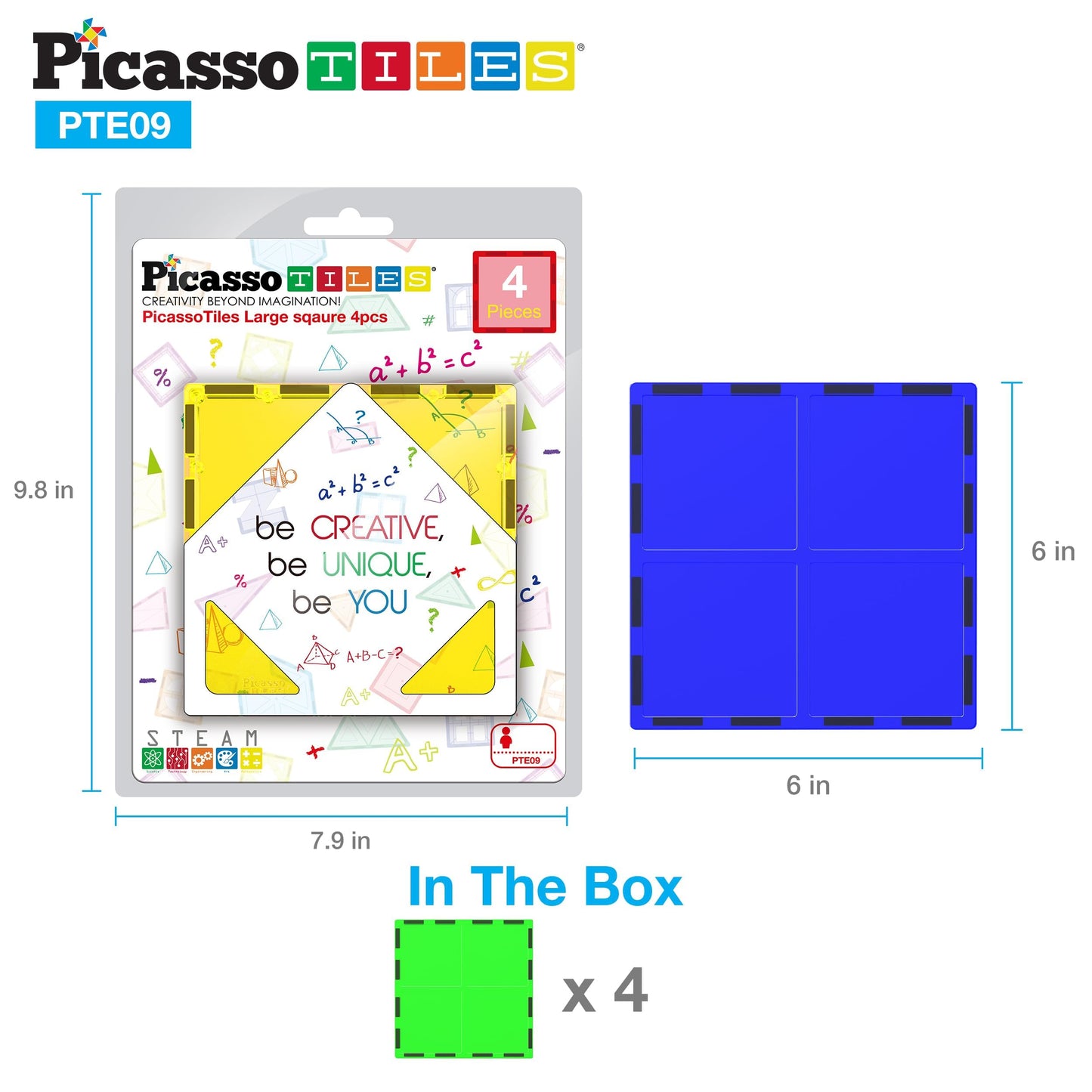 PicassoTiles 4pcs Magnetic Large Square Tiles – STEM Building Toy