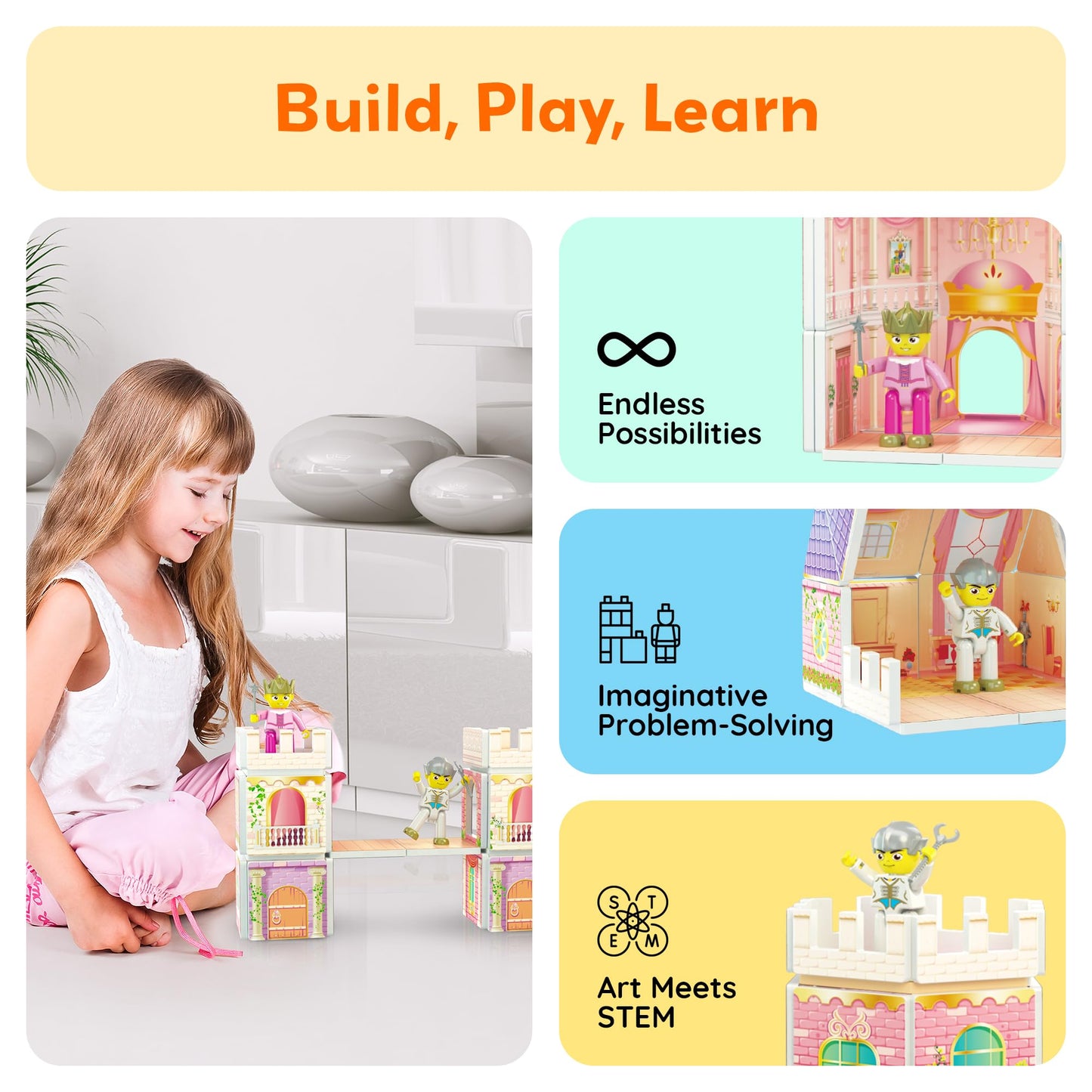 PicassoTiles 60pc Magnetic Princess Castle Building Set – STEM Toy for Ages 3–8 (PTQ04)