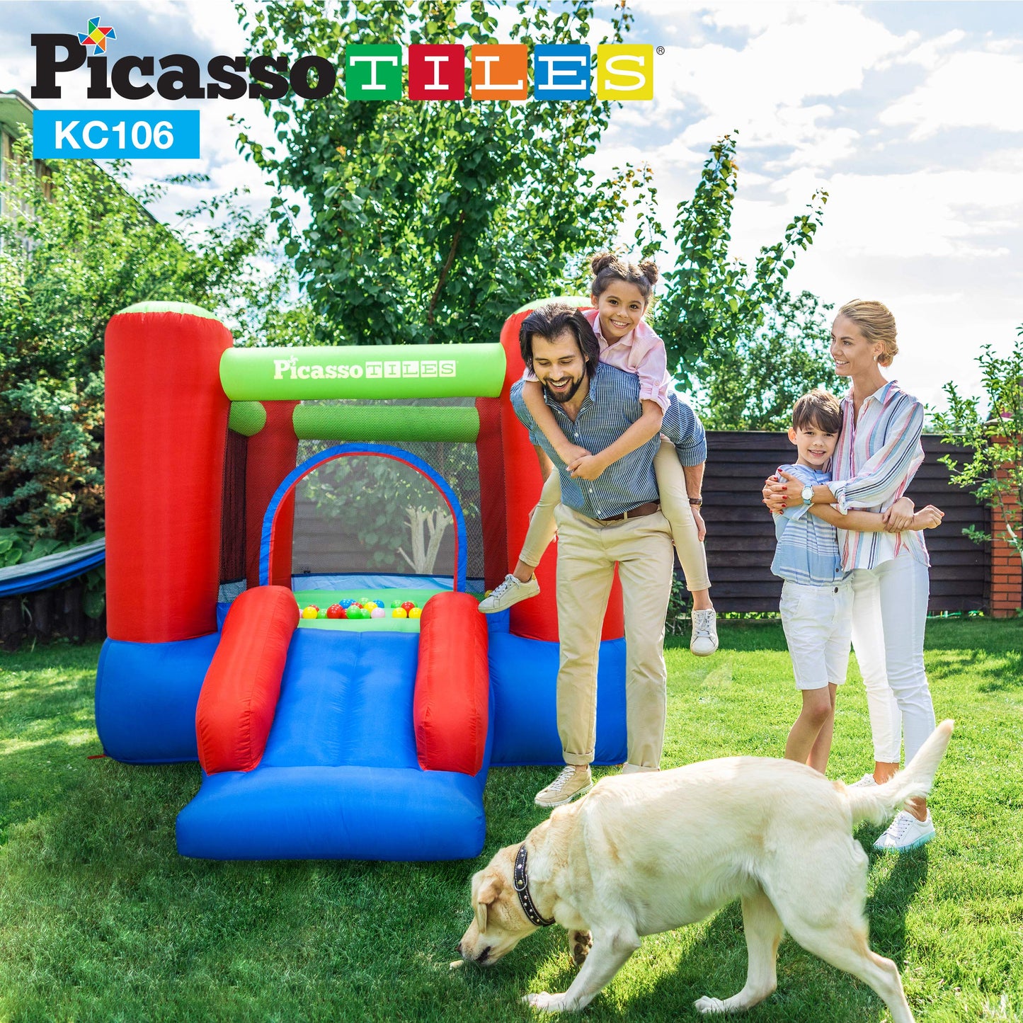 PicassoTiles KC106 8x7 ft Junior Inflatable Bouncer – Kid Park with 50 Pit Balls & ETL 385W Blower