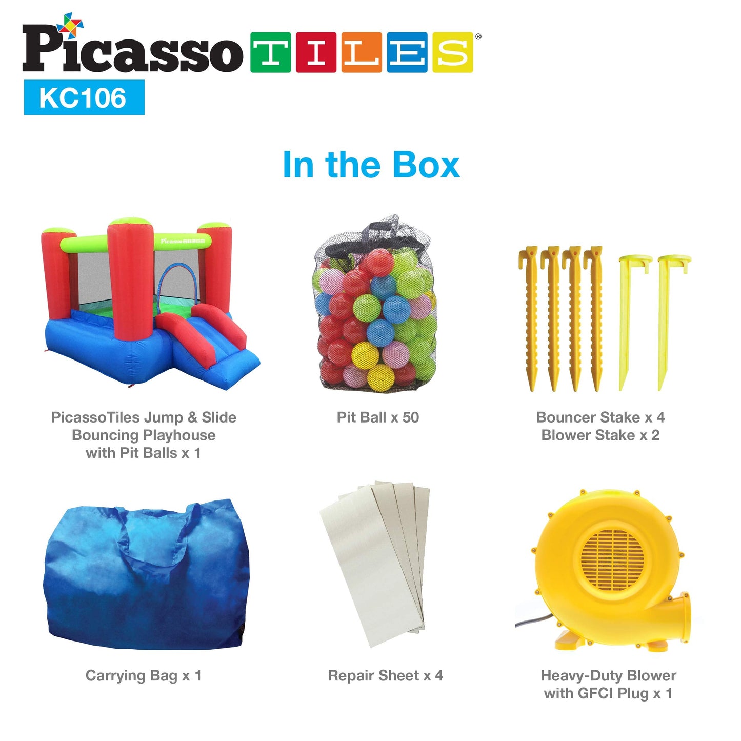 PicassoTiles KC106 8x7 ft Junior Inflatable Bouncer – Kid Park with 50 Pit Balls & ETL 385W Blower