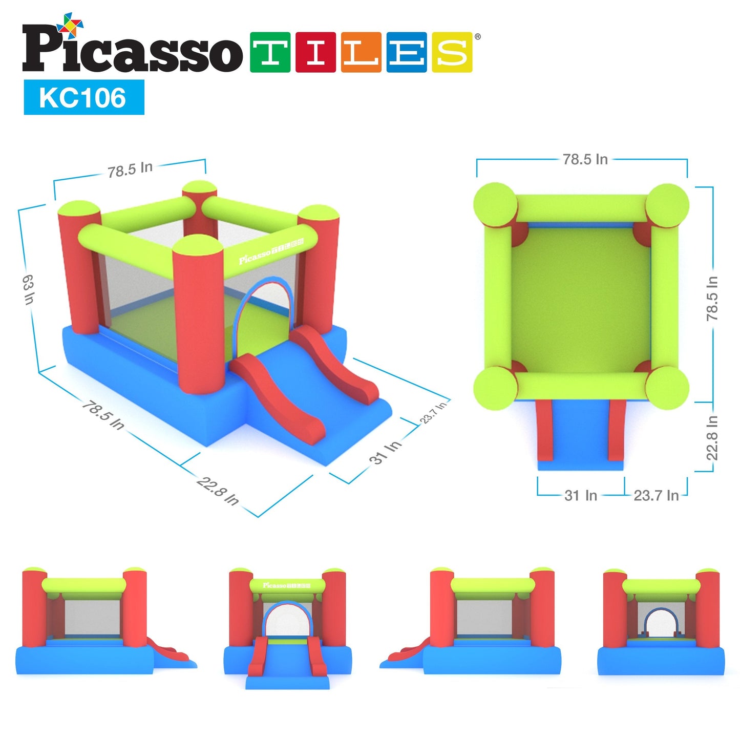 PicassoTiles KC106 8x7 ft Junior Inflatable Bouncer – Kid Park with 50 Pit Balls & ETL 385W Blower