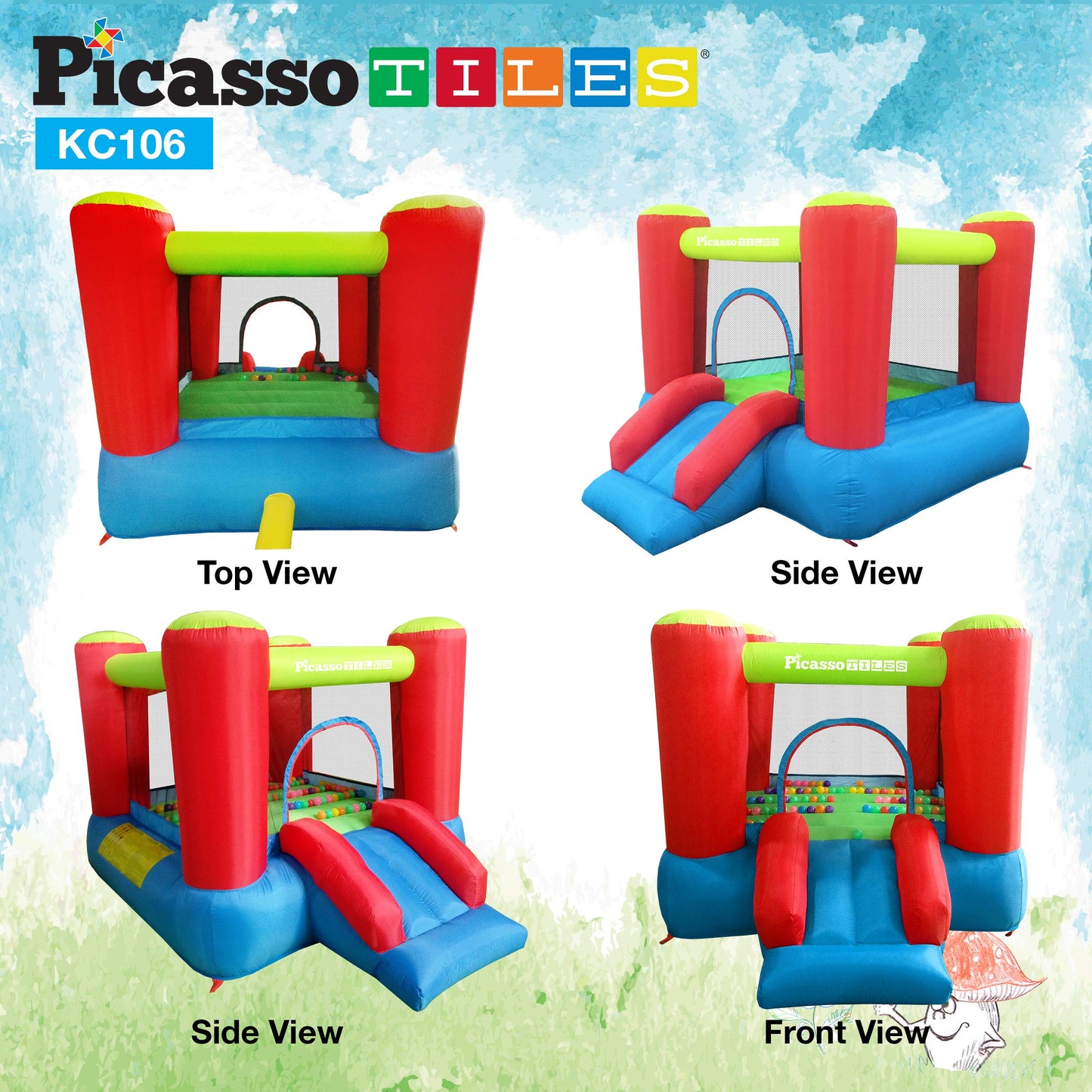 PicassoTiles KC106 8x7 ft Junior Inflatable Bouncer – Kid Park with 50 Pit Balls & ETL 385W Blower