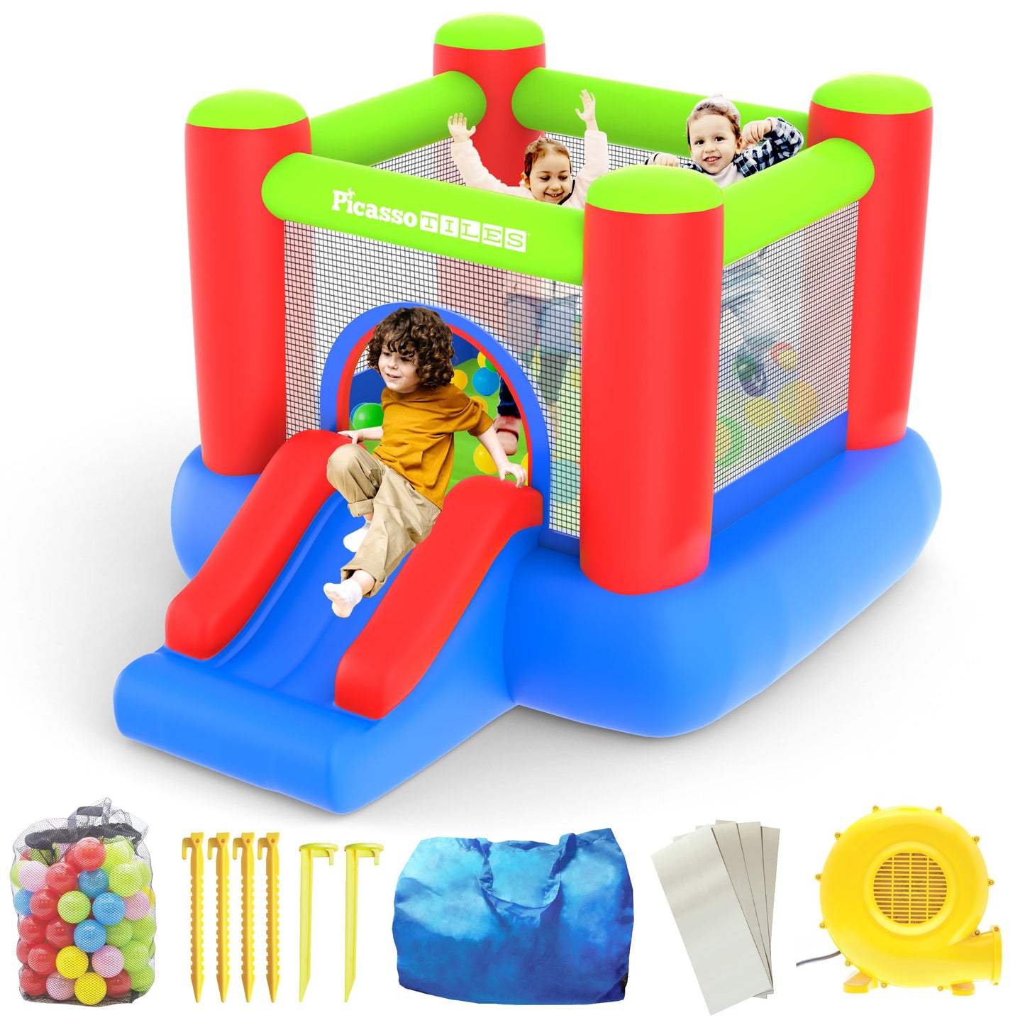 PicassoTiles KC106 8x7 ft Junior Inflatable Bouncer – Kid Park with 50 Pit Balls & ETL 385W Blower