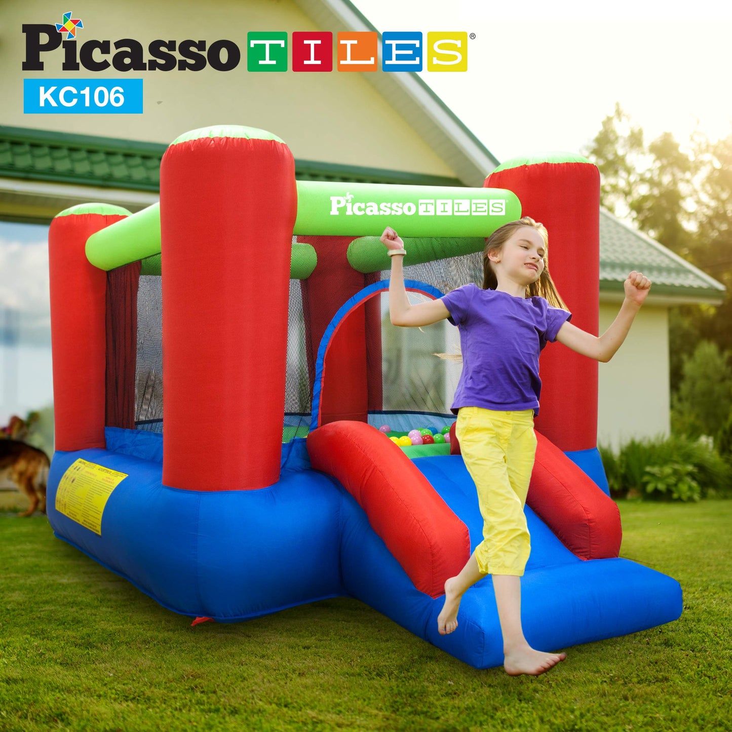 PicassoTiles KC106 8x7 ft Junior Inflatable Bouncer – Kid Park with 50 Pit Balls & ETL 385W Blower
