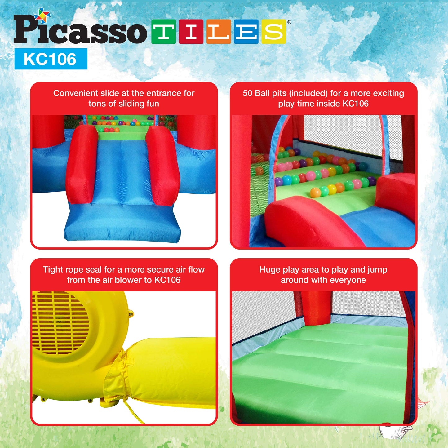 PicassoTiles KC106 8x7 ft Junior Inflatable Bouncer – Kid Park with 50 Pit Balls & ETL 385W Blower