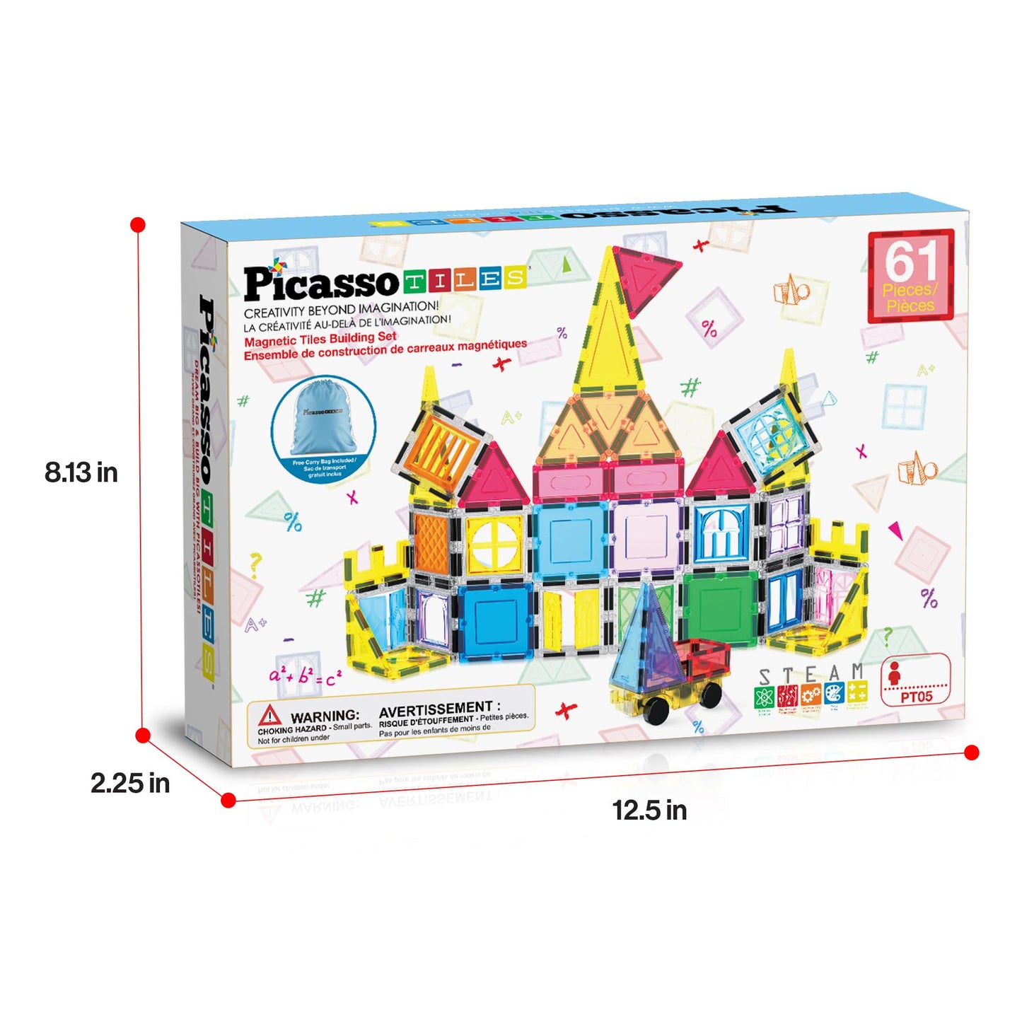 PicassoTiles 61-Piece Magnetic Tiles - STEM Building Blocks for Kids 3-12
