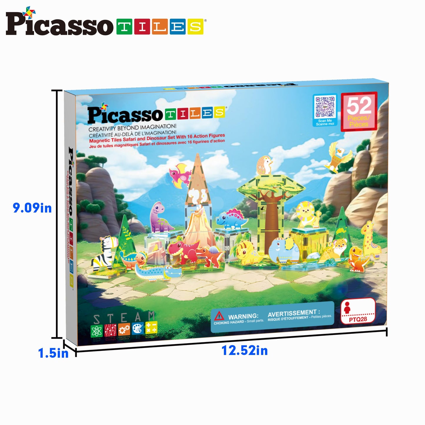 PicassoTiles Magnet Tiles Set Safari Animals & Dinosaurs – 16 Action Figures, STEM Toys for Toddlers 3+, PTQ28