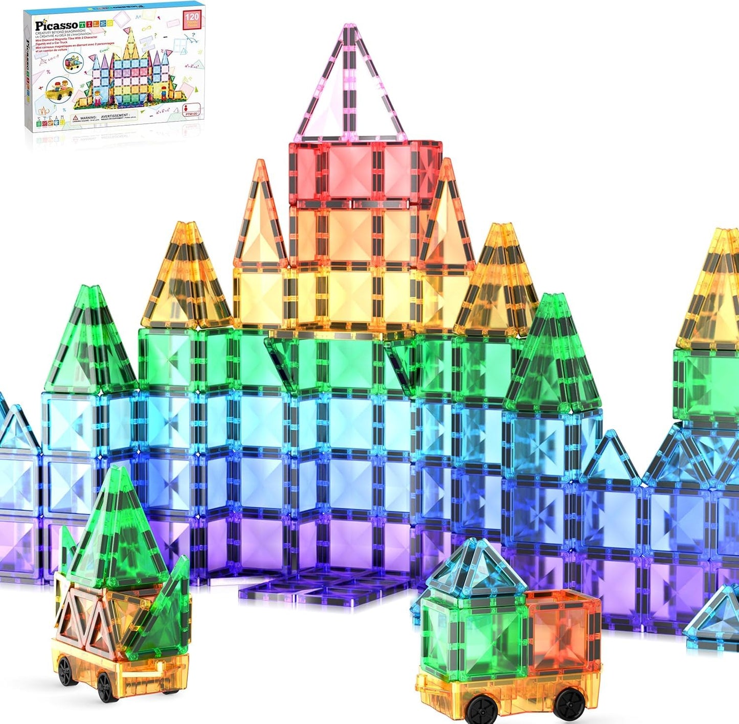 PicassoTiles 120pcs Mini Size Magnetic Tiles – Diamond Series STEM Toy