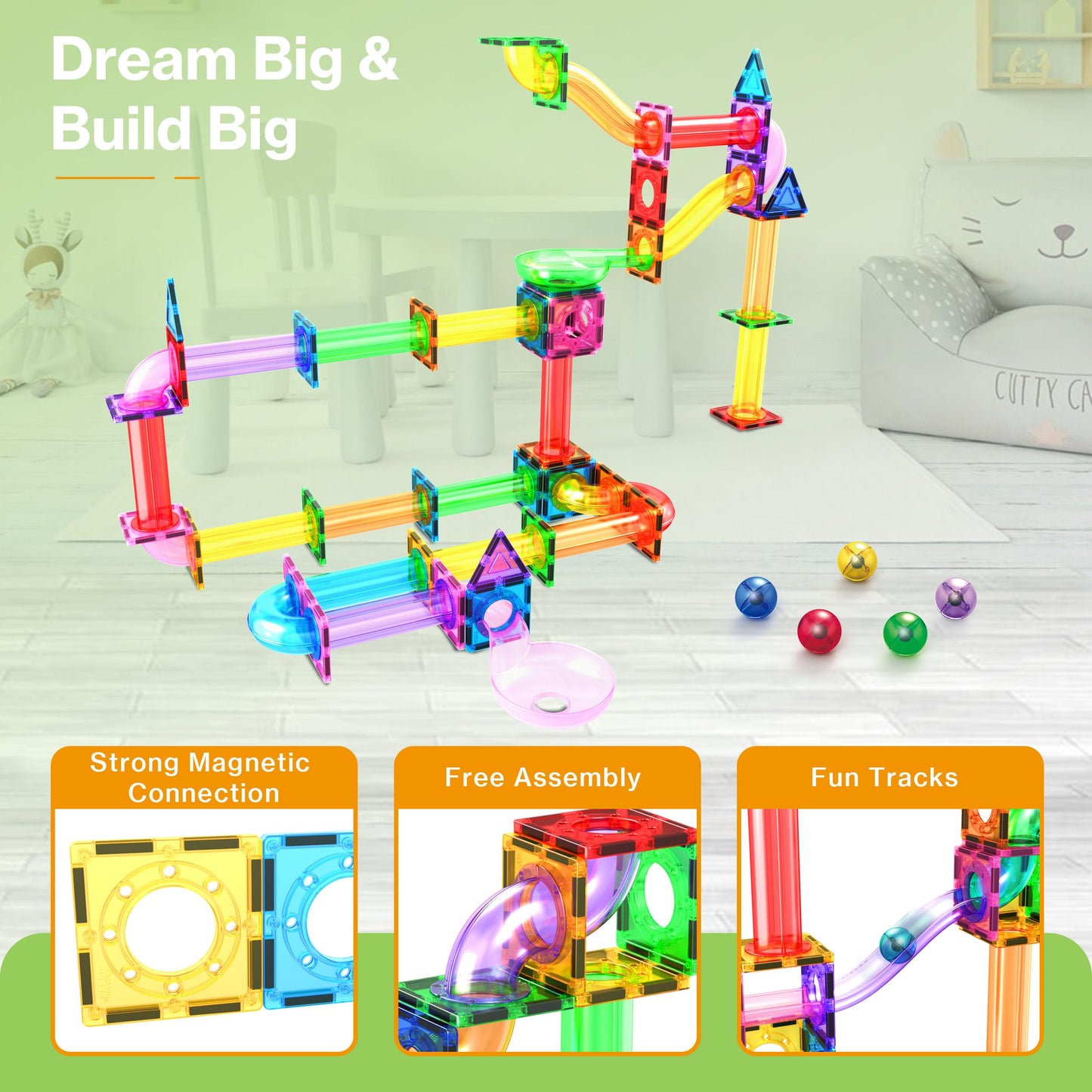 PicassoTiles 120pc Magnetic Tile Marble Run Set – STEM Construction Toy for Kids 3+ PTG120