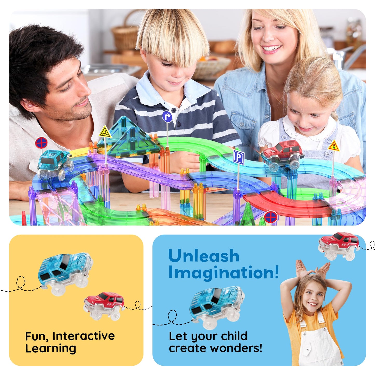 PicassoTiles 150-Piece Race Car Track Magnetic Tile STEM Toy Set with 4 Cars