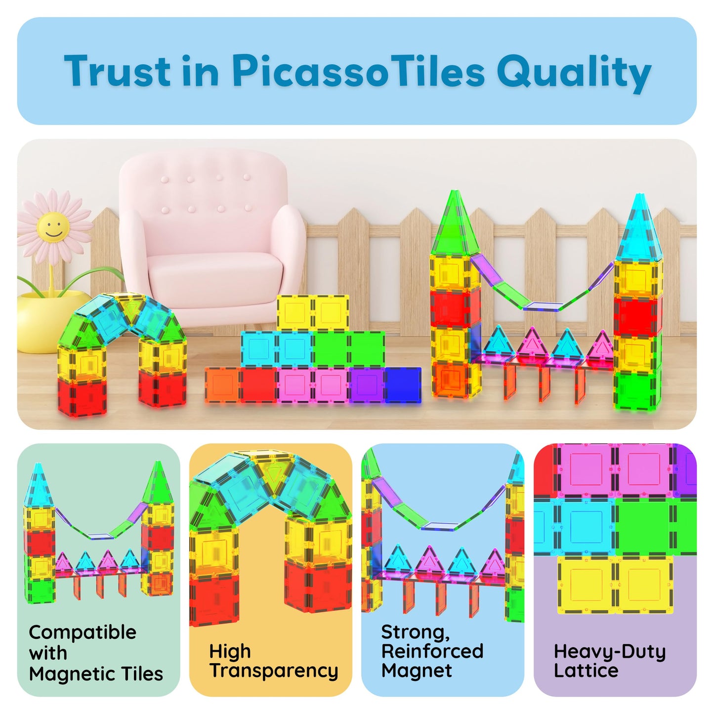 PicassoTiles Expansion Square Pack - Magnetic Construction Tiles for Kids STEM Learning