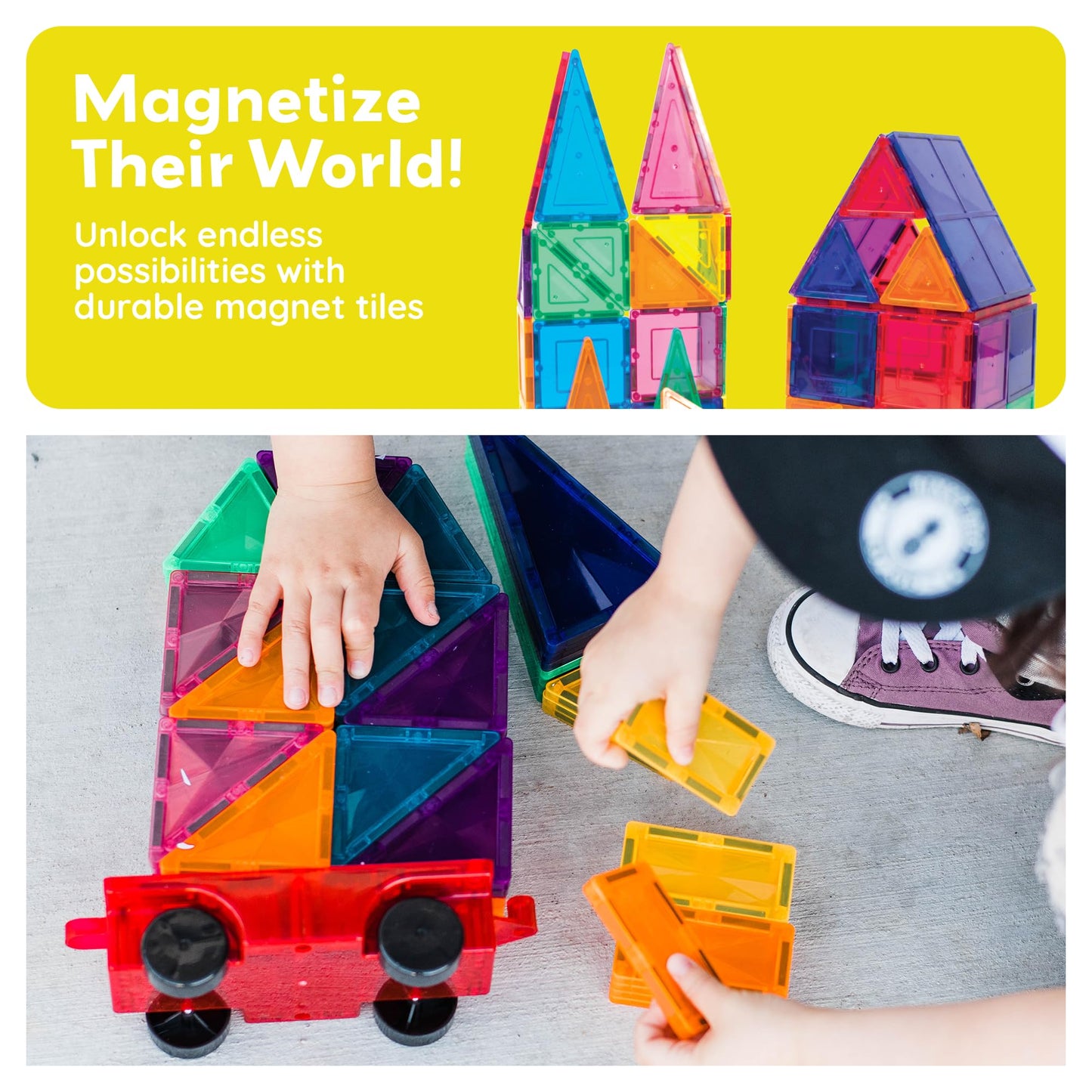 PicassoTiles 2 Piece Car Truck Construction Kit – Magnetic Blocks for STEM Learning, Reinforced Hitch & Long Bed