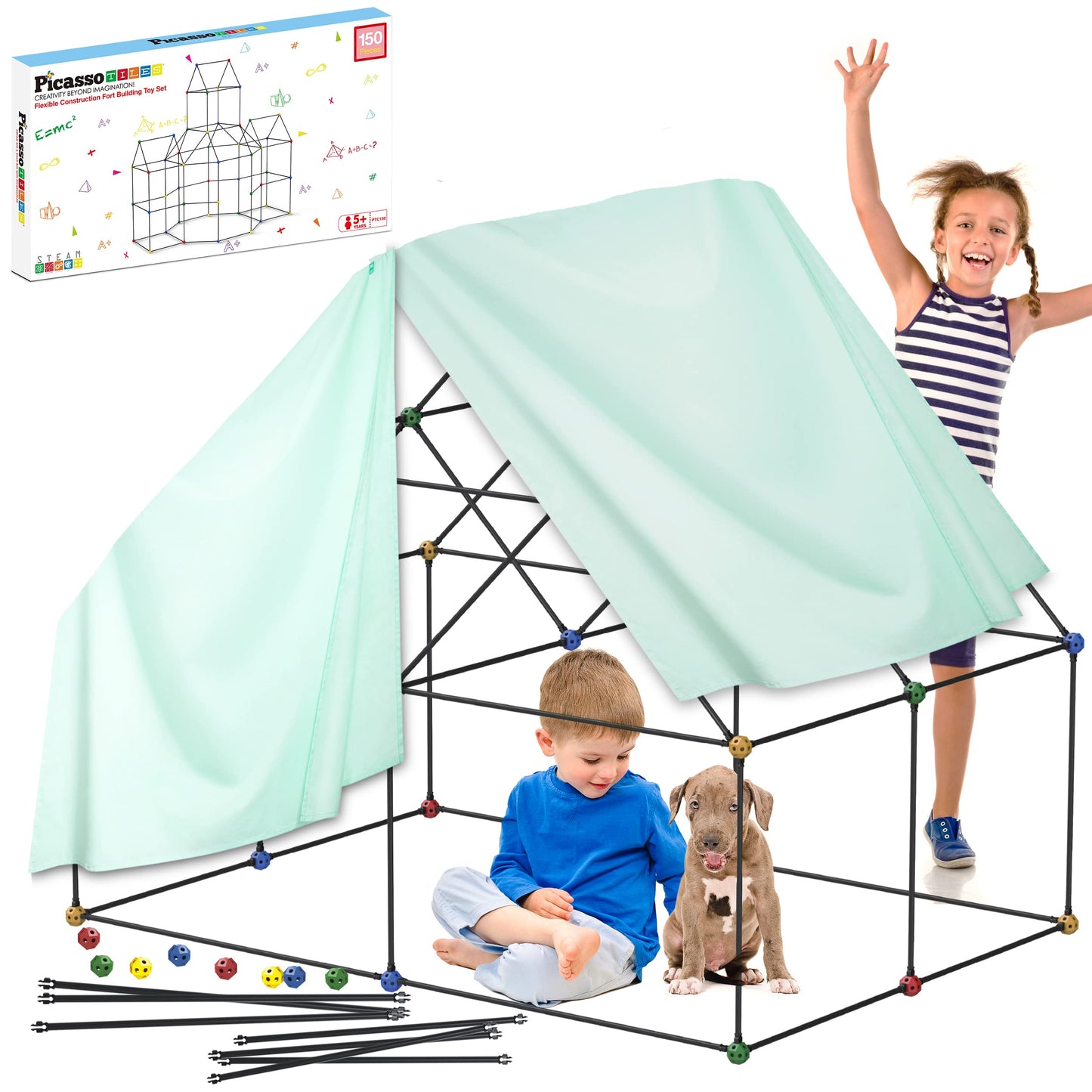 PicassoTiles Kids Fort Building Kit – 150-Piece STEM Construction Toy Set for Indoor & Outdoor Play