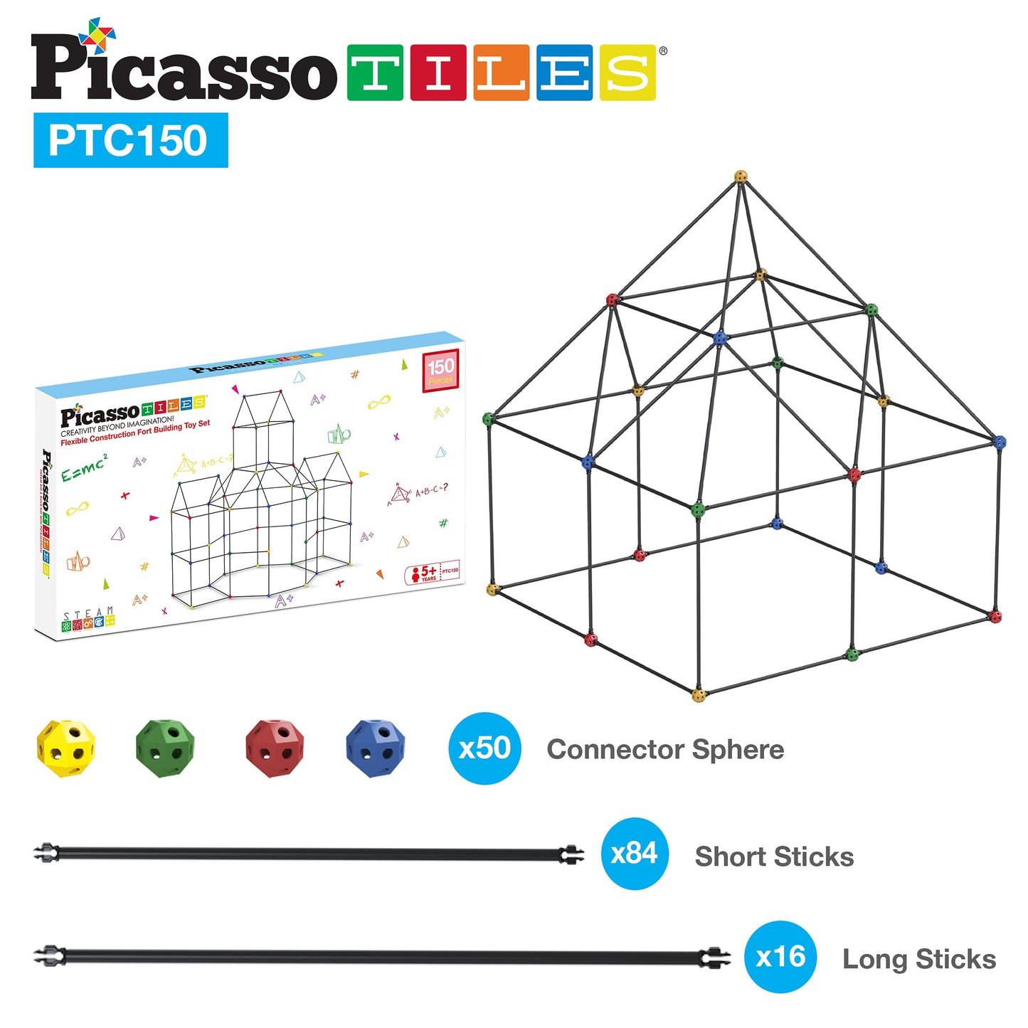 PicassoTiles Kids Fort Building Kit – 150-Piece STEM Construction Toy Set for Indoor & Outdoor Play
