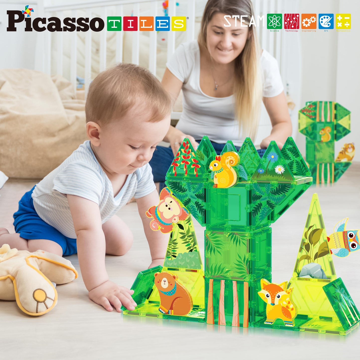PicassoTiles Forest Animal Magnet Tile Set with 8 Figures – STEM Learning Toy PTQ16