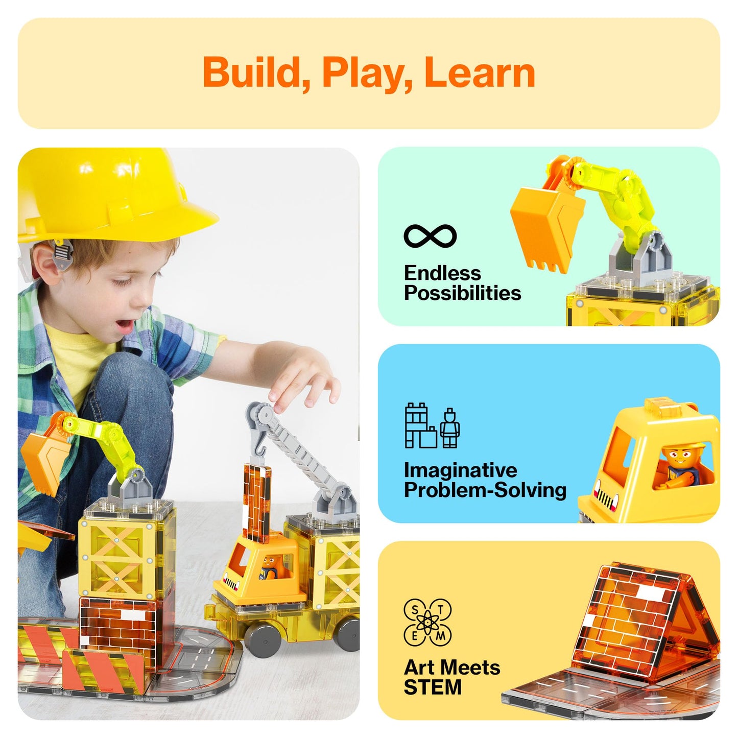 PicassoTiles 5-in-1 Magnetic Construction Vehicle Set – Crane, Ladder, Dump Truck, Excavator & Backhoe (Ages 3+)