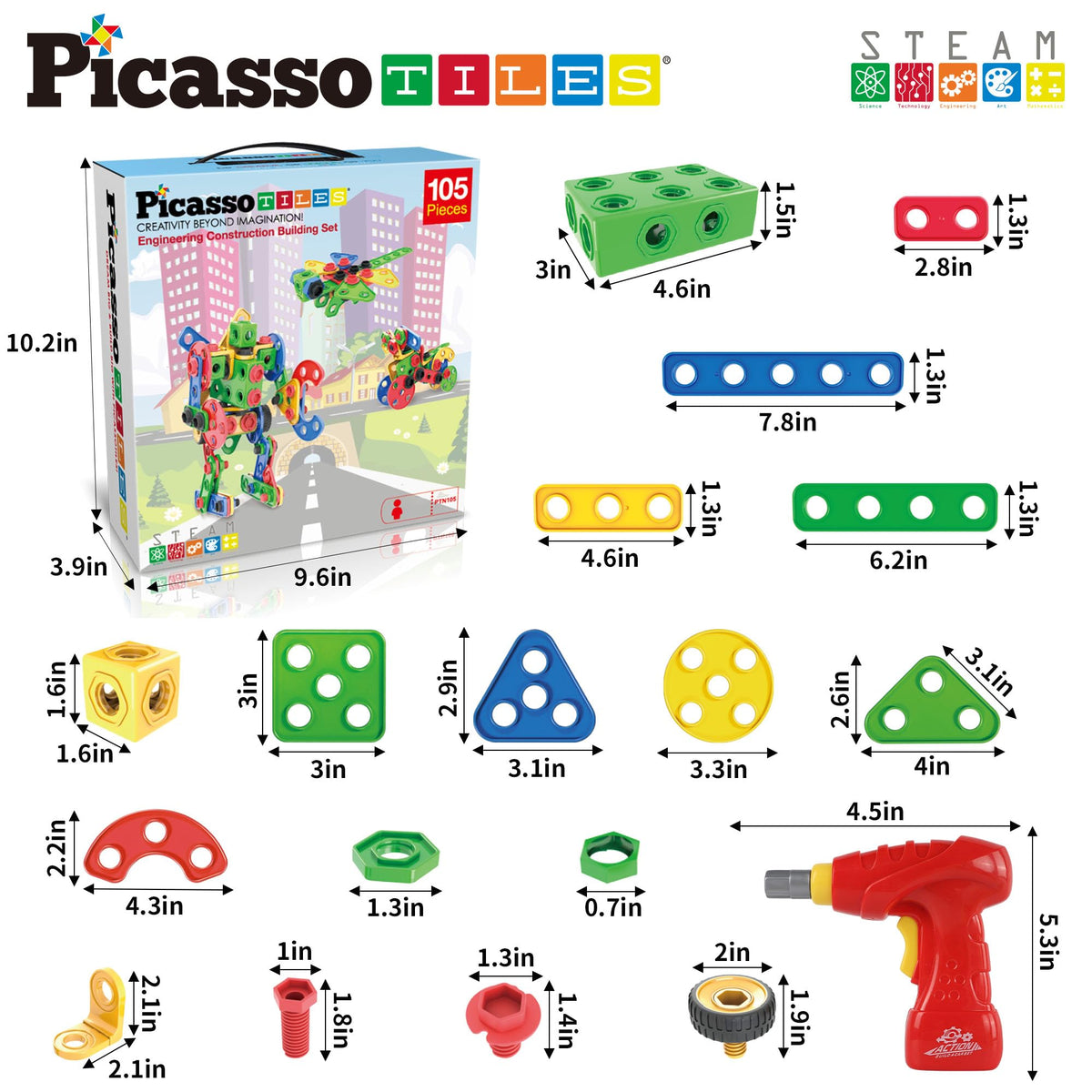 PicassoTiles 105-Piece STEM Building Set for Kids 3+ | Construction Kit with Idea Book & Power Drill