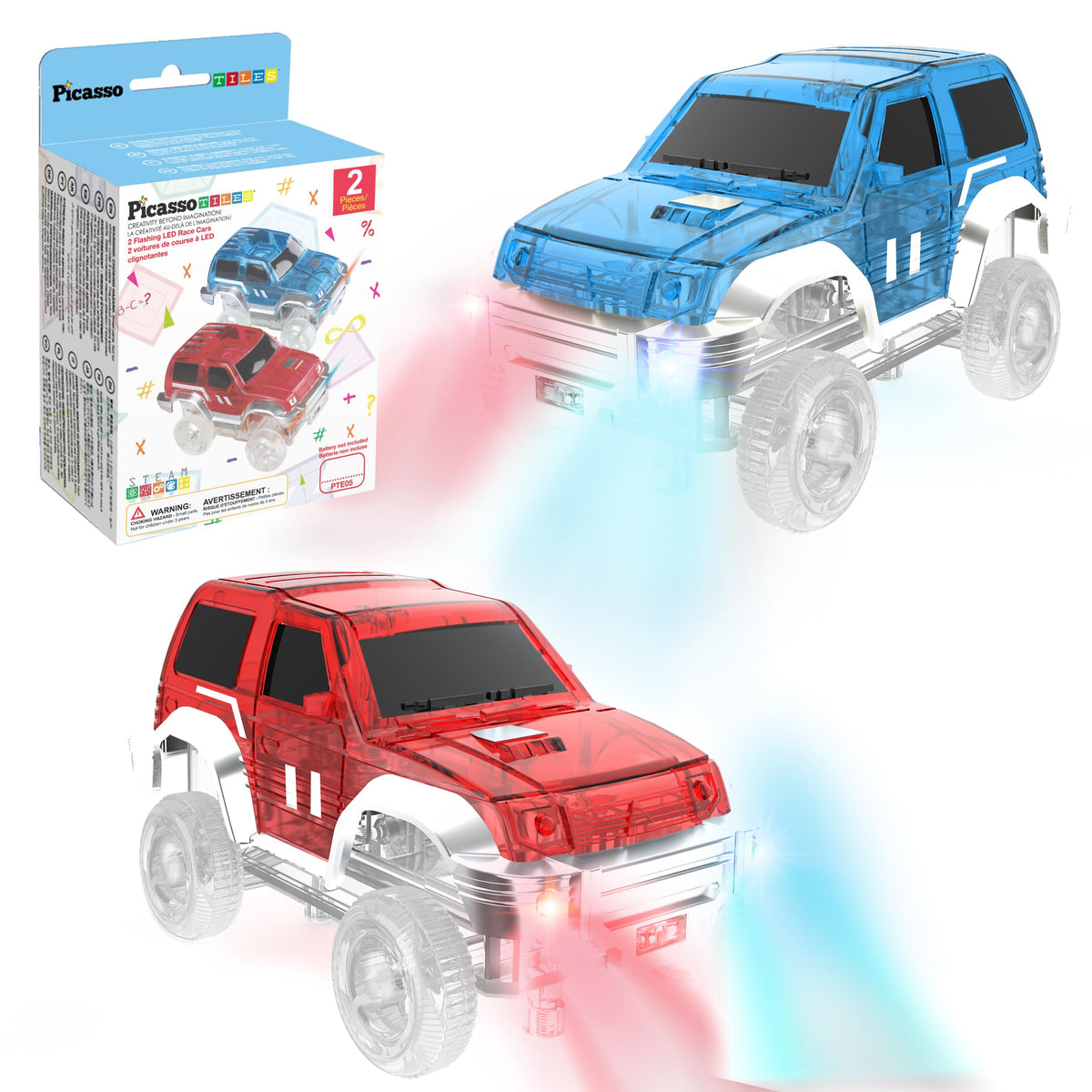 PicassoTiles 2pcs LED Magnetic Car Set – Compatible with Magnet Race Tracks | STEM Toy for Toddlers 3+