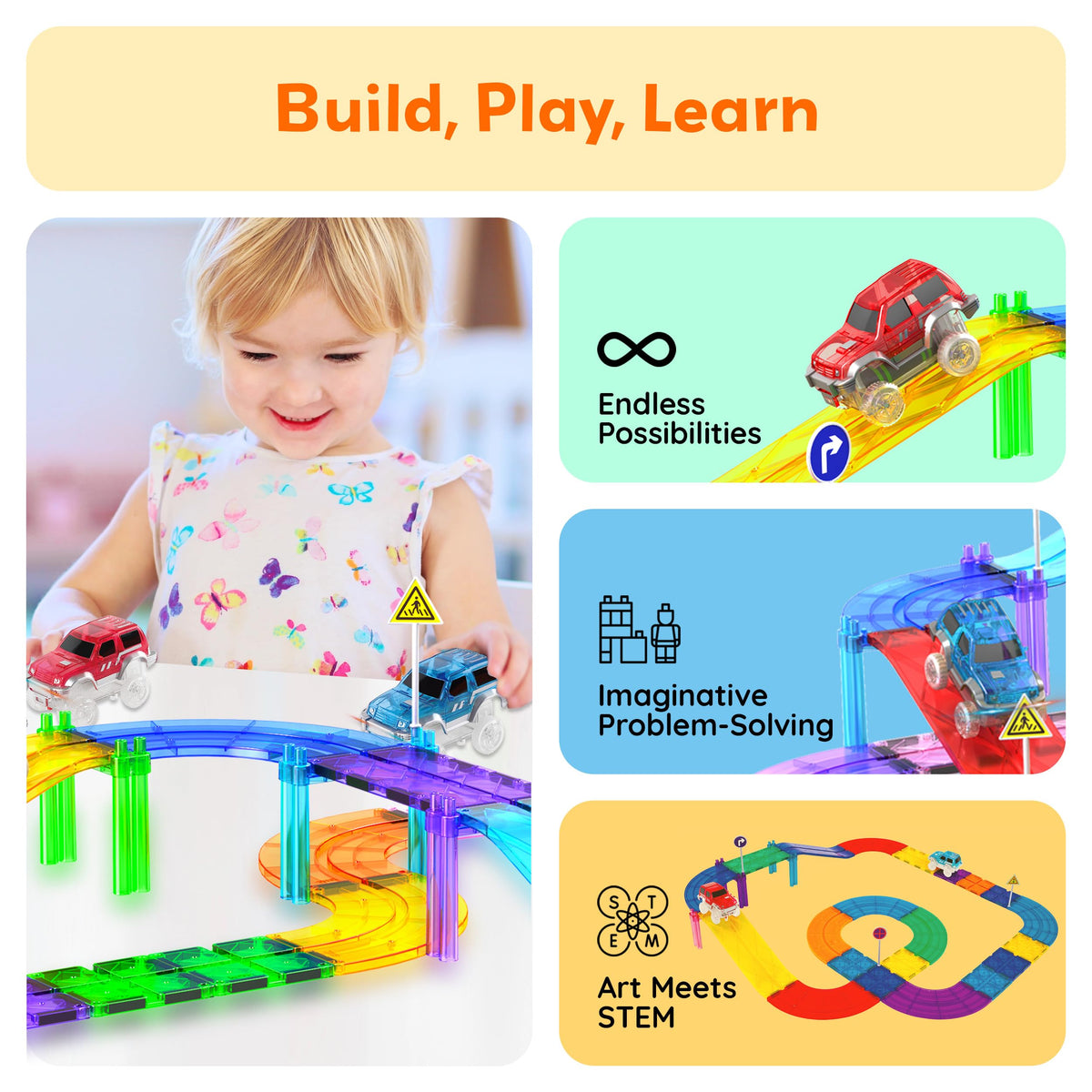 PicassoTiles 2pcs LED Magnetic Car Set – Compatible with Magnet Race Tracks | STEM Toy for Toddlers 3+