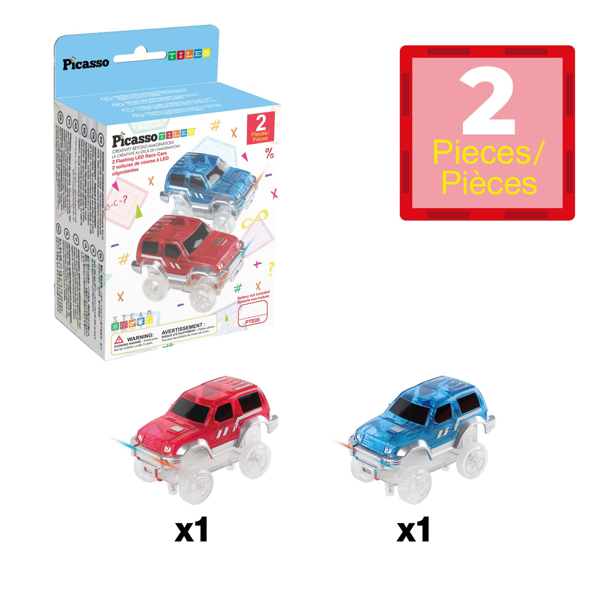 PicassoTiles 2pcs LED Magnetic Car Set – Compatible with Magnet Race Tracks | STEM Toy for Toddlers 3+