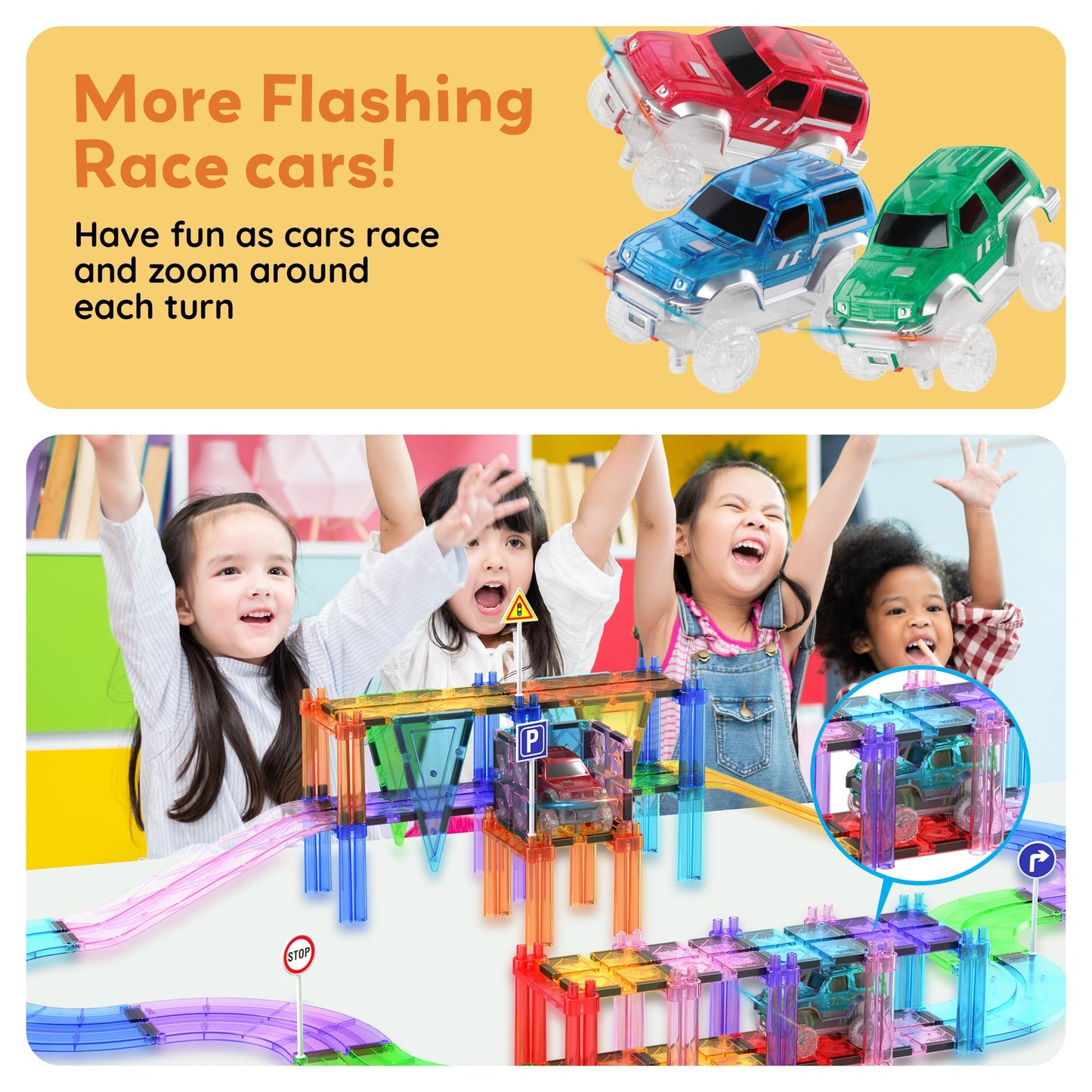 PicassoTiles 3 LED Magnetic Race Cars Set | Lights, STEM Building Kit for Kids 3+