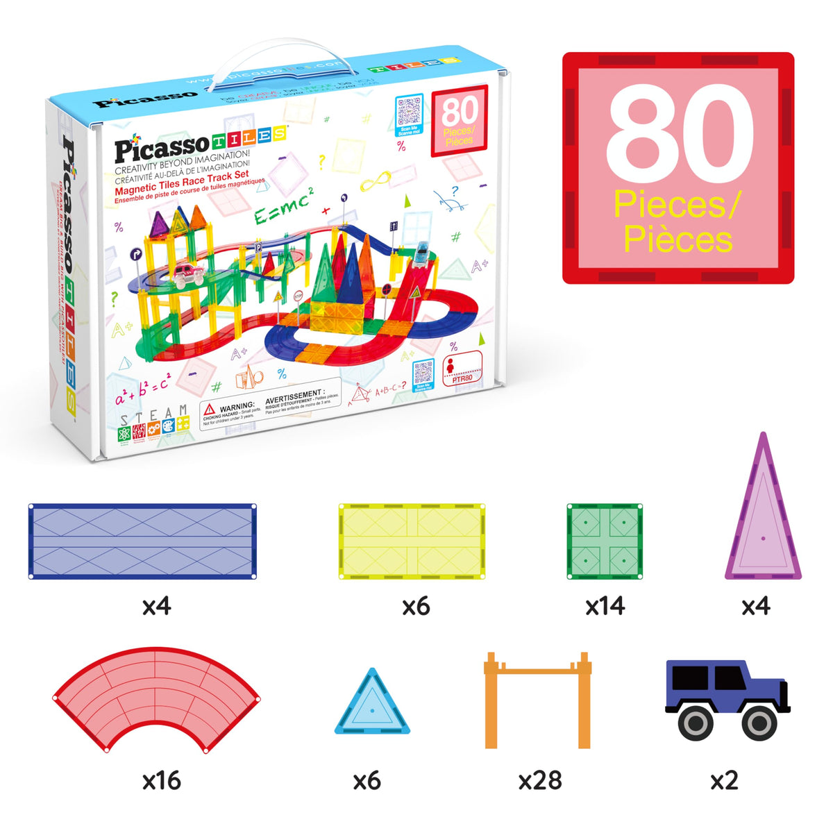 PicassoTiles 80pc Race Car Track – Magnetic Tiles STEM Toy with 2 Light-Up Cars