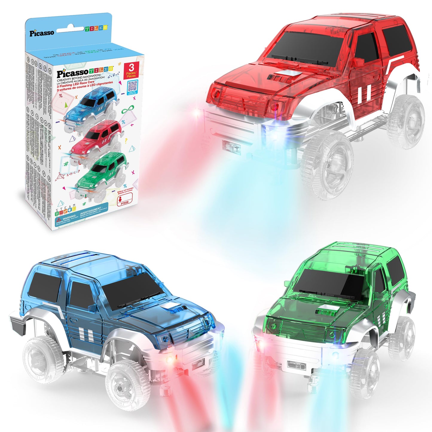 PicassoTiles 3 LED Magnetic Race Cars Set | Lights, STEM Building Kit for Kids 3+