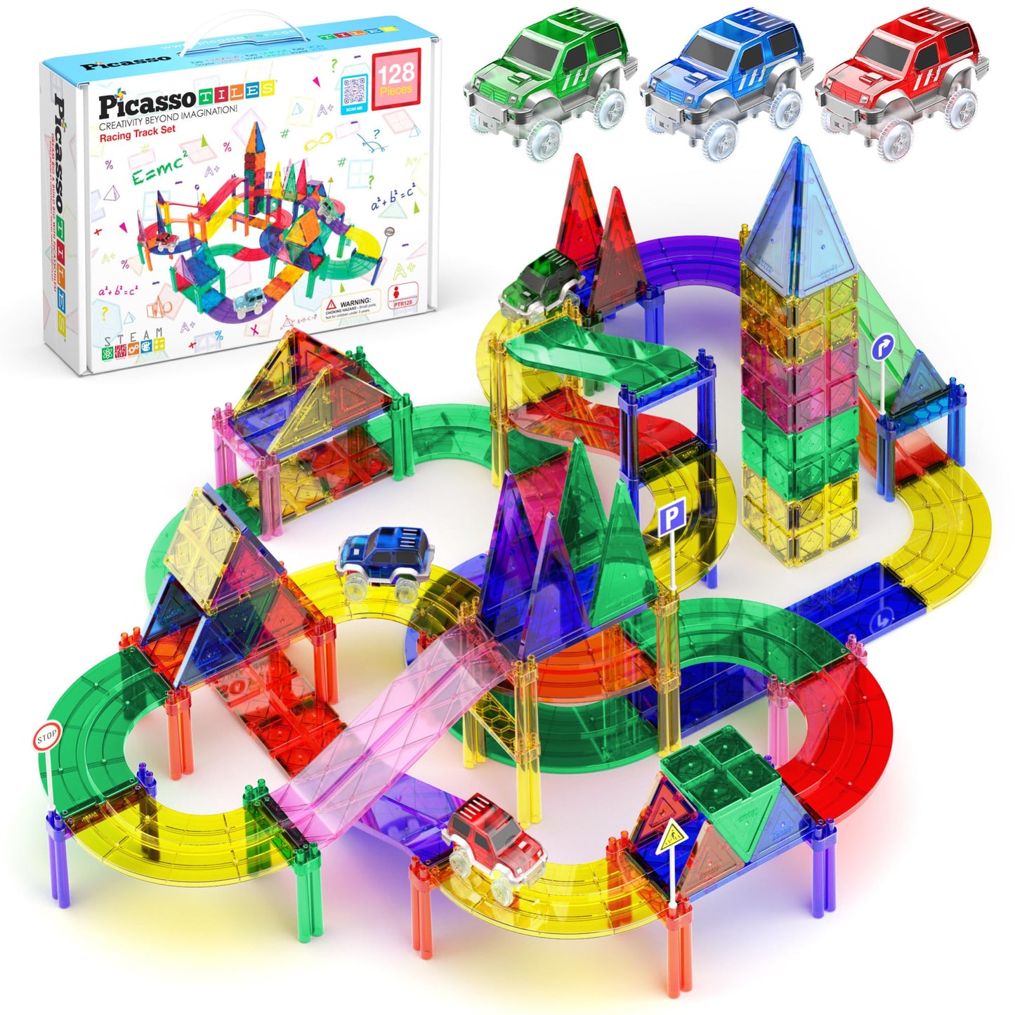 PicassoTiles 128-Piece Magnetic Race Car Track | LED Cars, STEM Learning Toy for Kids 3+