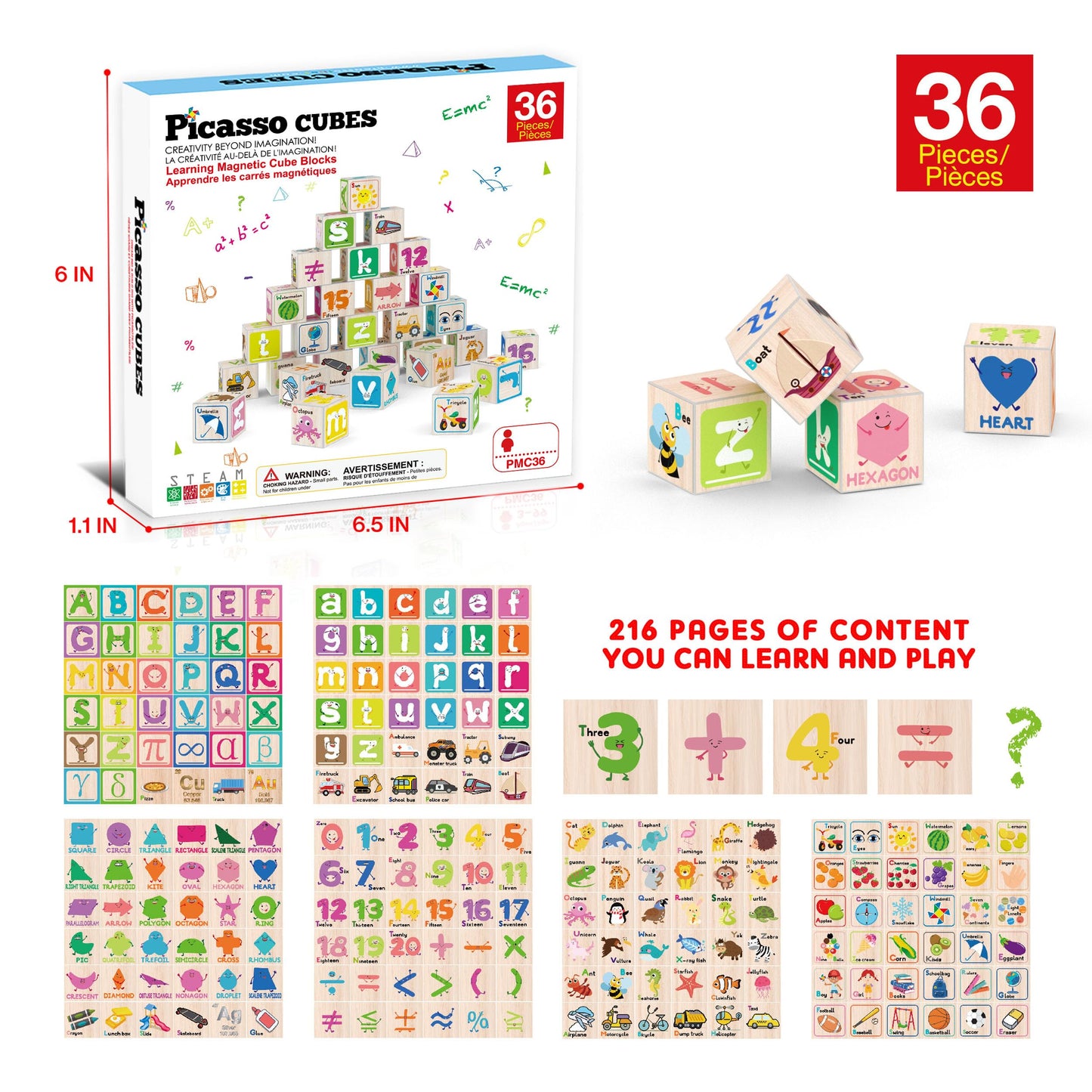 PicassoTiles Magnetic Cubes – 36-Piece Set with 216 Designs for STEAM Learning (Ages 3+)