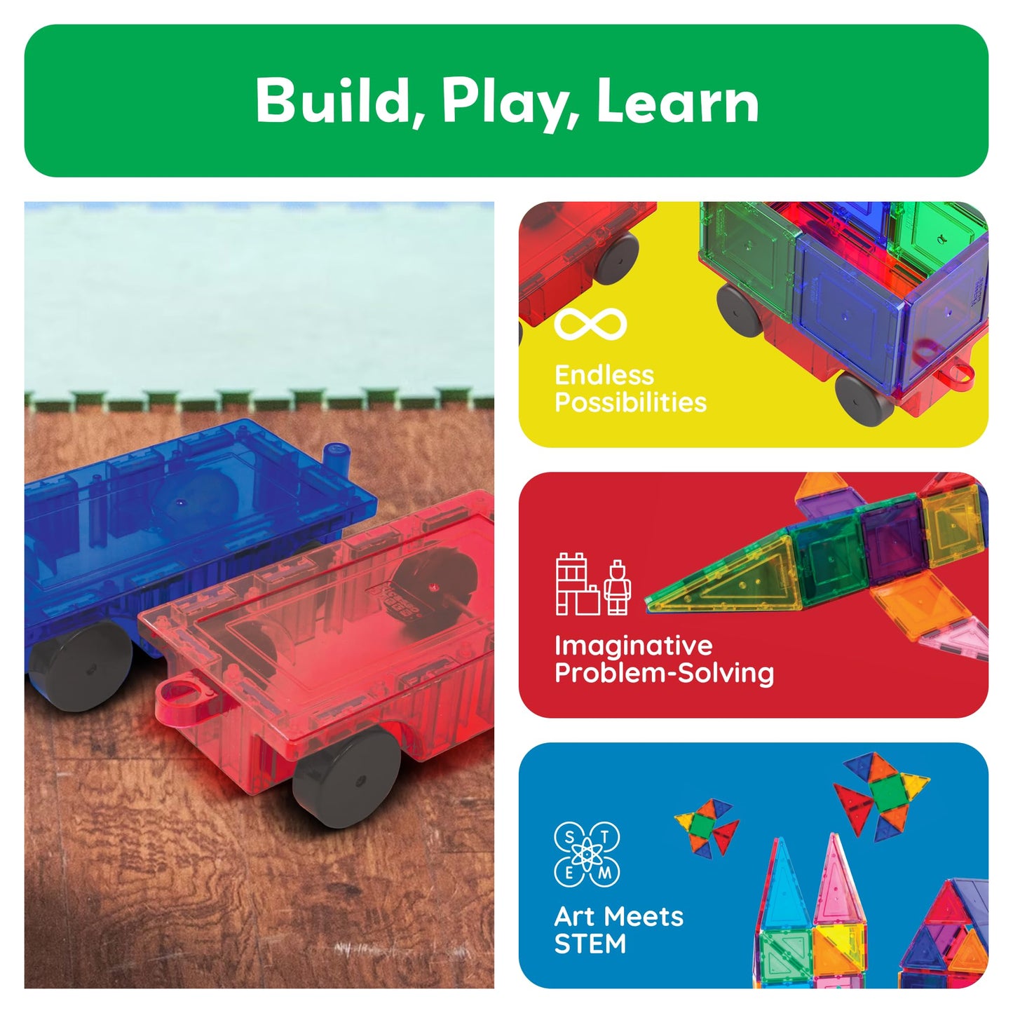 PicassoTiles 2 Piece Car Truck Construction Kit – Magnetic Blocks for STEM Learning, Reinforced Hitch & Long Bed
