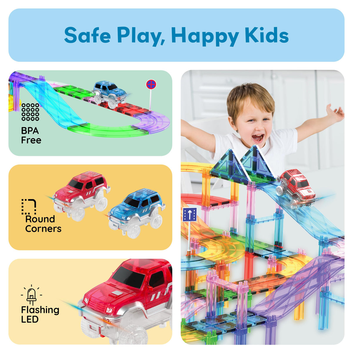 PicassoTiles 2pcs LED Magnetic Car Set – Compatible with Magnet Race Tracks | STEM Toy for Toddlers 3+